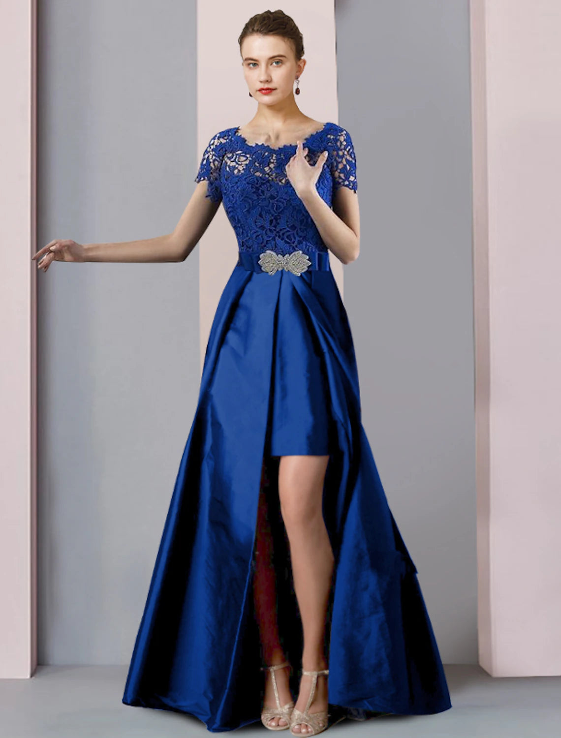 wholesale   Two Piece Sheath / Column Mother of the Bride Dress Formal Church Elegant detachable Scoop Neck Knee Length Lace Taffeta Short Sleeve with Bow(s) Crystal Brooch