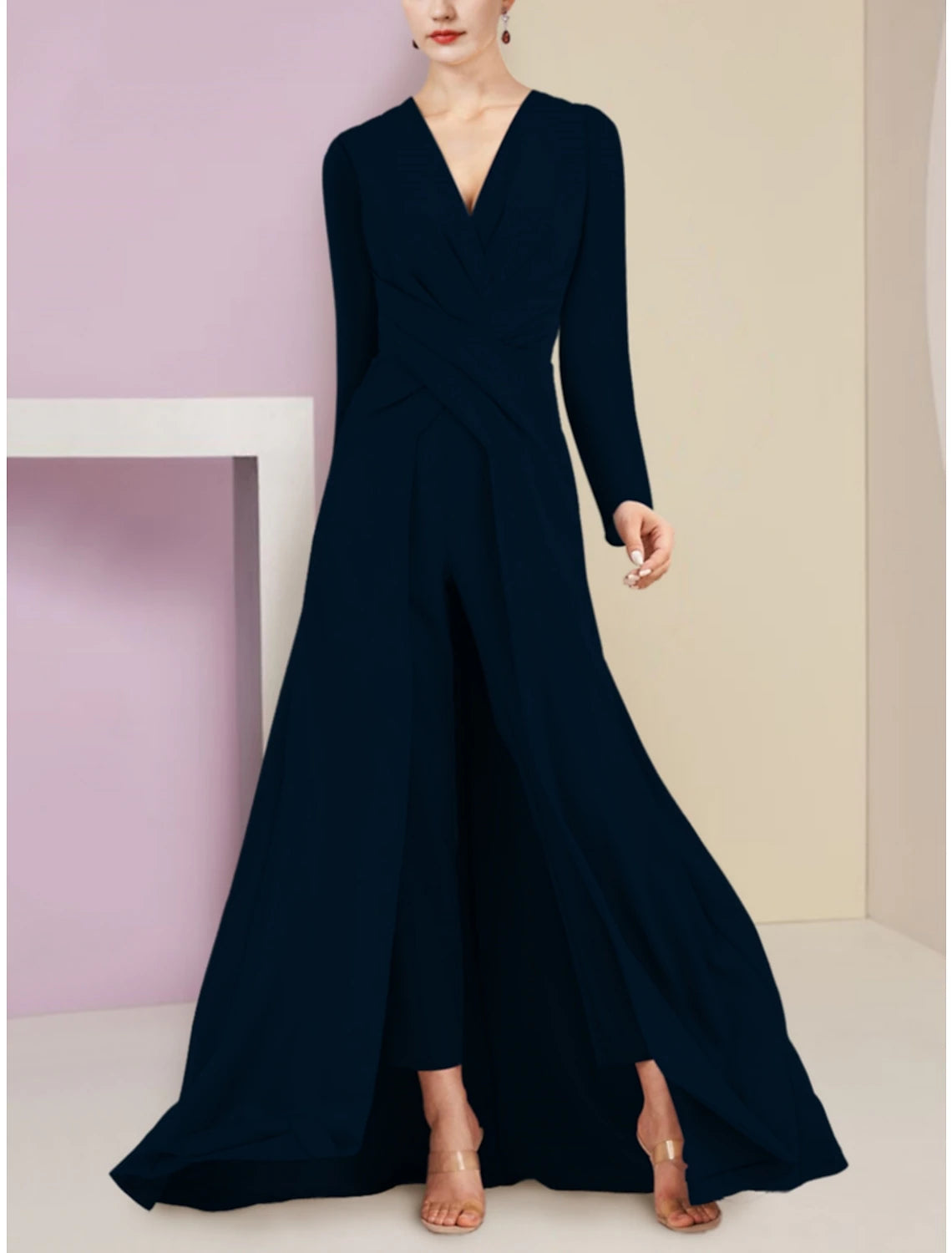 Wholesa Two Piece A-Line Mother of the Bride Dress Wedding Guest Elegant Party V Neck Sweep / Brush Train Stretch Chiffon Long Sleeve with Ruching Solid Color