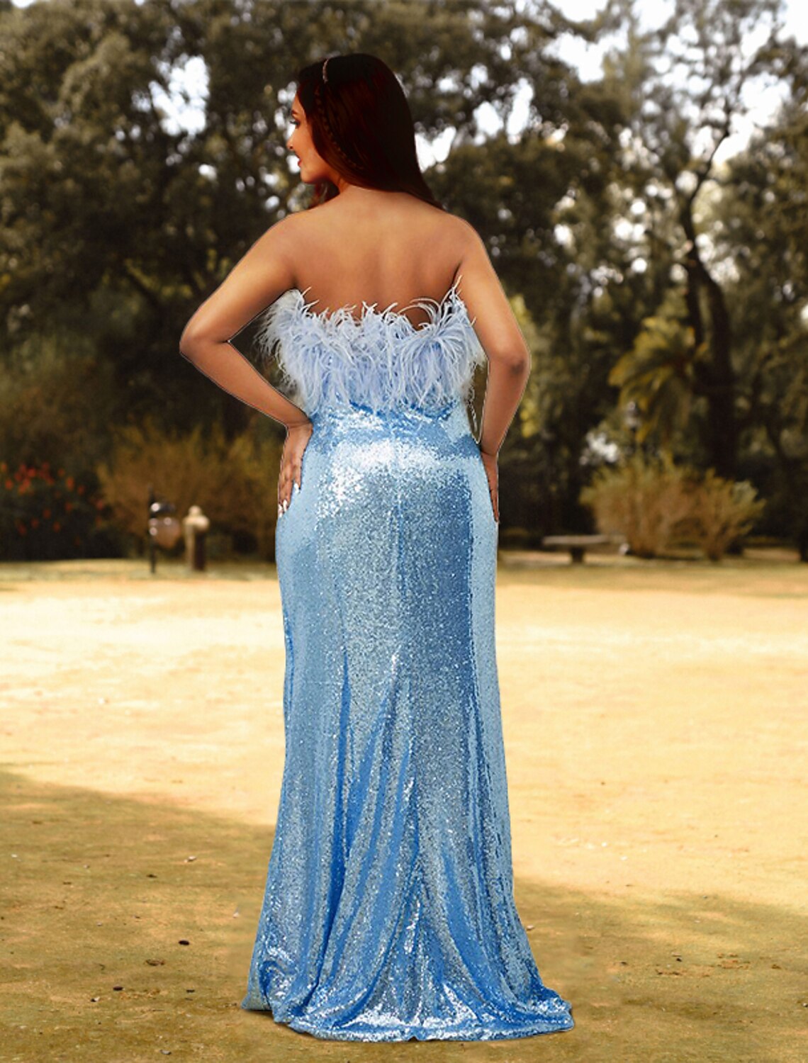 Wholesa Sheath / Column Prom Dresses Plus Size Dress Wedding Guest Prom Sweep / Brush Train Sleeveless Strapless Sequined with Feather Slit