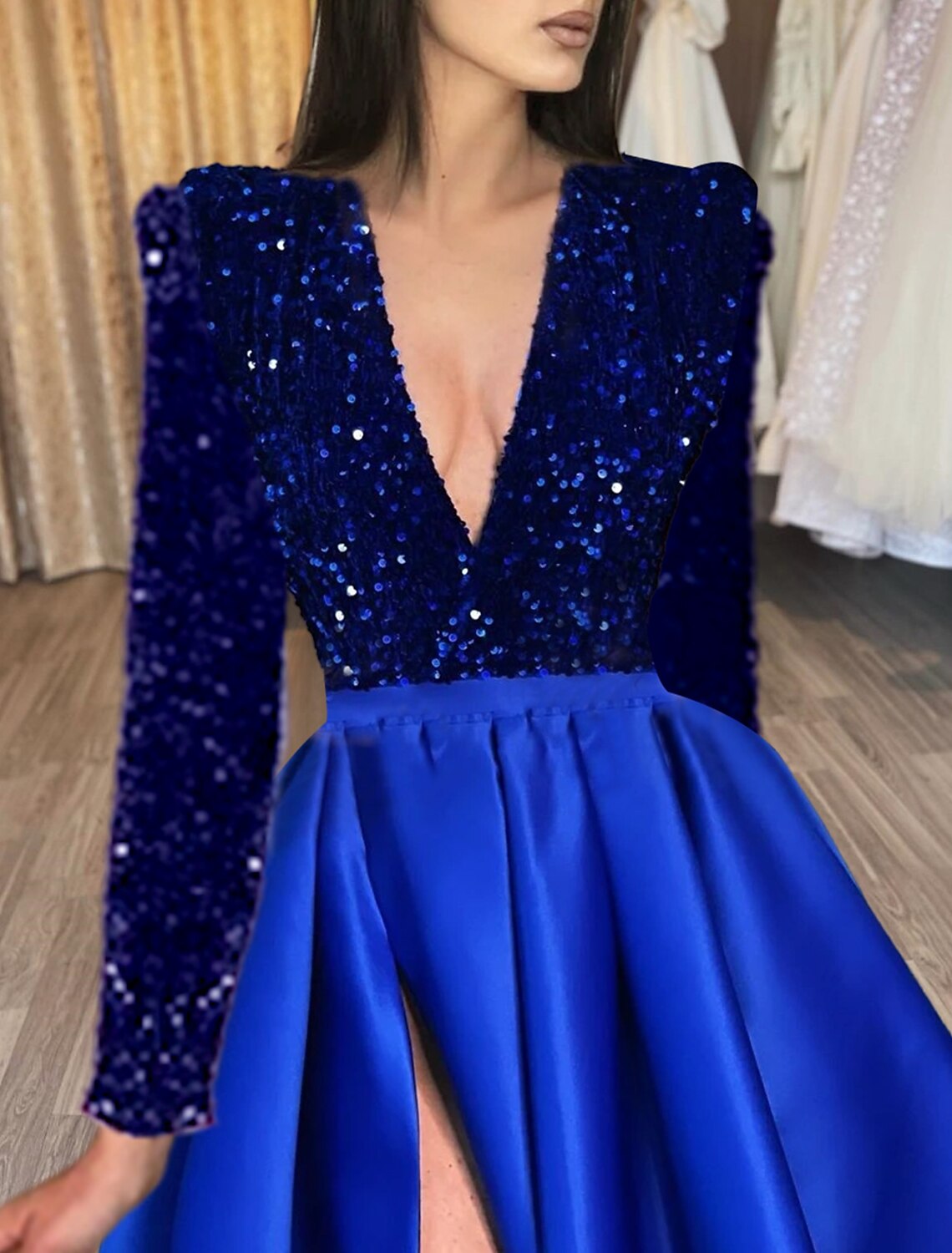 Wholesa A-Line Evening Gown Red Green Dress Formal Black Dress Plus Size Wedding Court Train Half Sleeve V Neck Satin with Sequin Slit