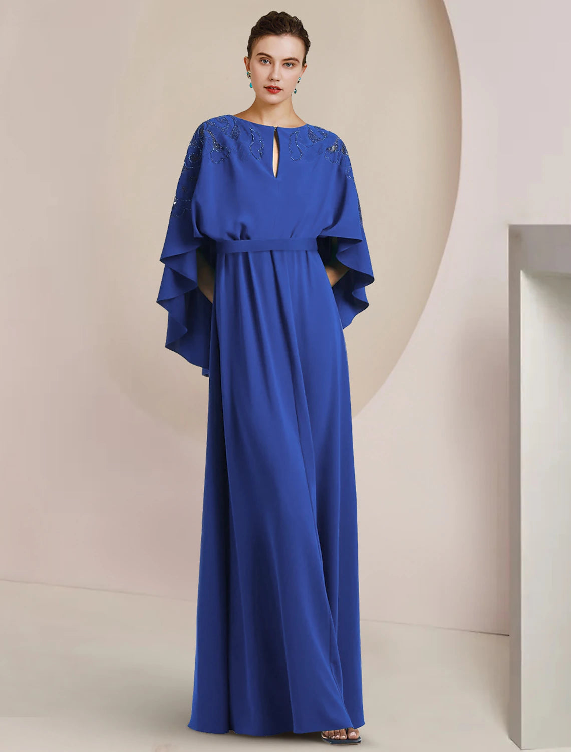 wholesale  A-Line Mother of the Bride Dress Formal Wedding Guest Elegant V Neck Floor Length Stretch Chiffon Sleeveless with Beading