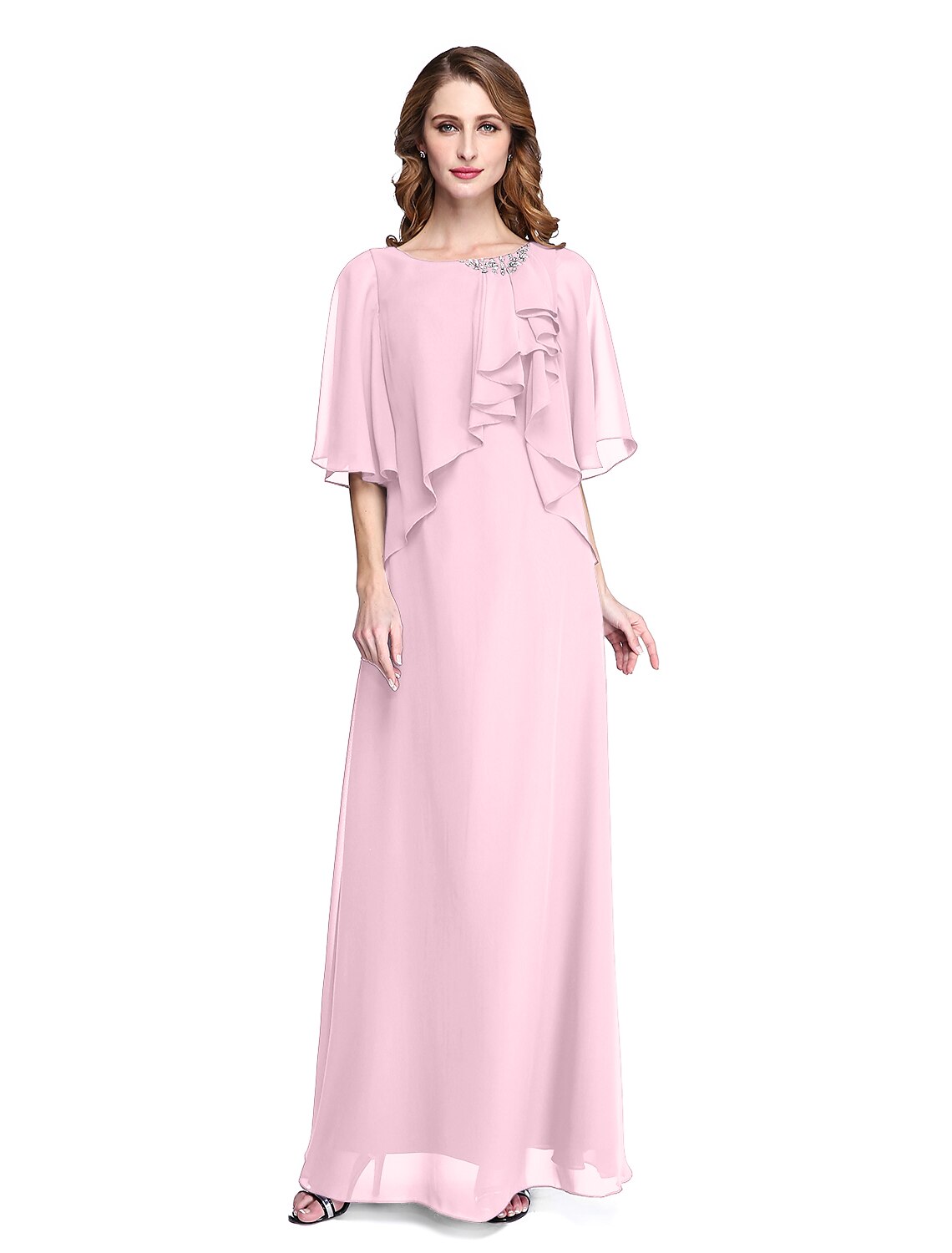 wholesale  Sheath / Column Mother of the Bride Dress Elegant Open Back Jewel Neck Floor Length Chiffon Half Sleeve with Pleats Beading Ruffle