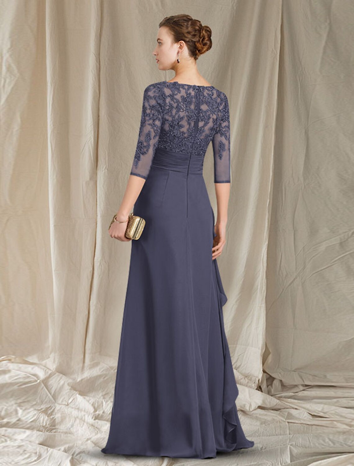 wholesale  Sheath / Column Mother of the Bride Dress Plus Size Elegant V Neck Floor Length Chiffon 3/4 Length Sleeve with Ruffles Appliques