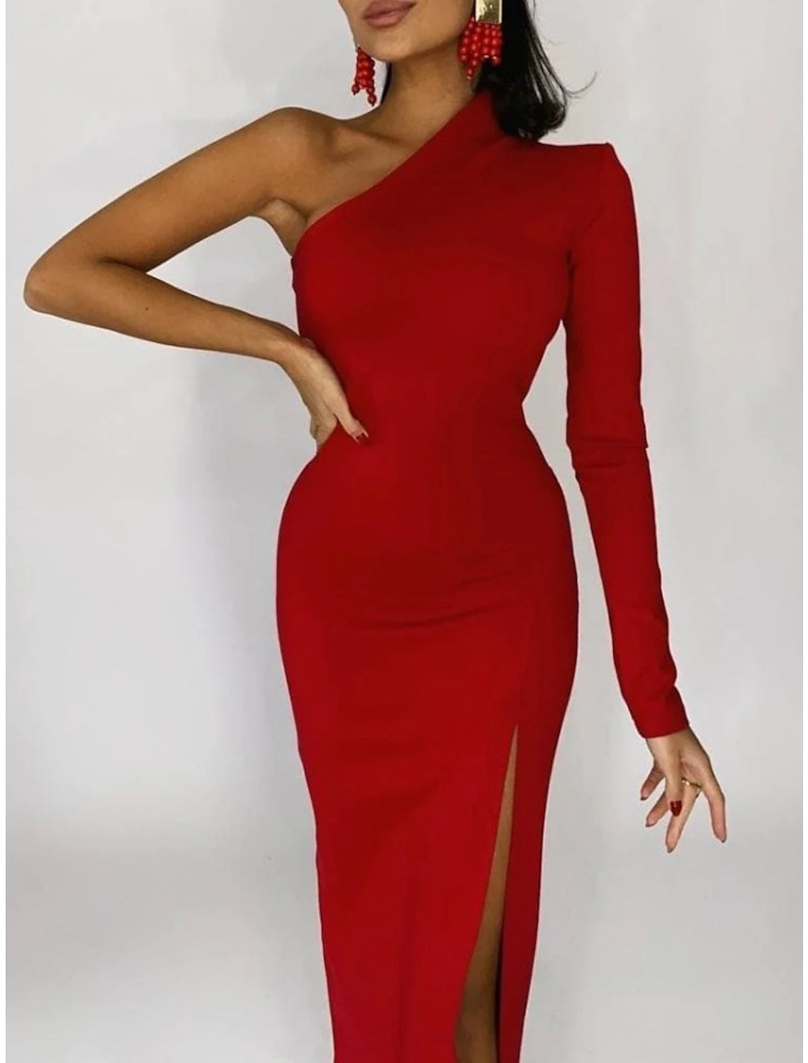 wholesale  Mermaid / Trumpet Evening Gown Minimalist Dress Formal Evening Sweep / Brush Train Long Sleeve One Shoulder Fall Wedding Guest Stretch Fabric with Slit Pure Color