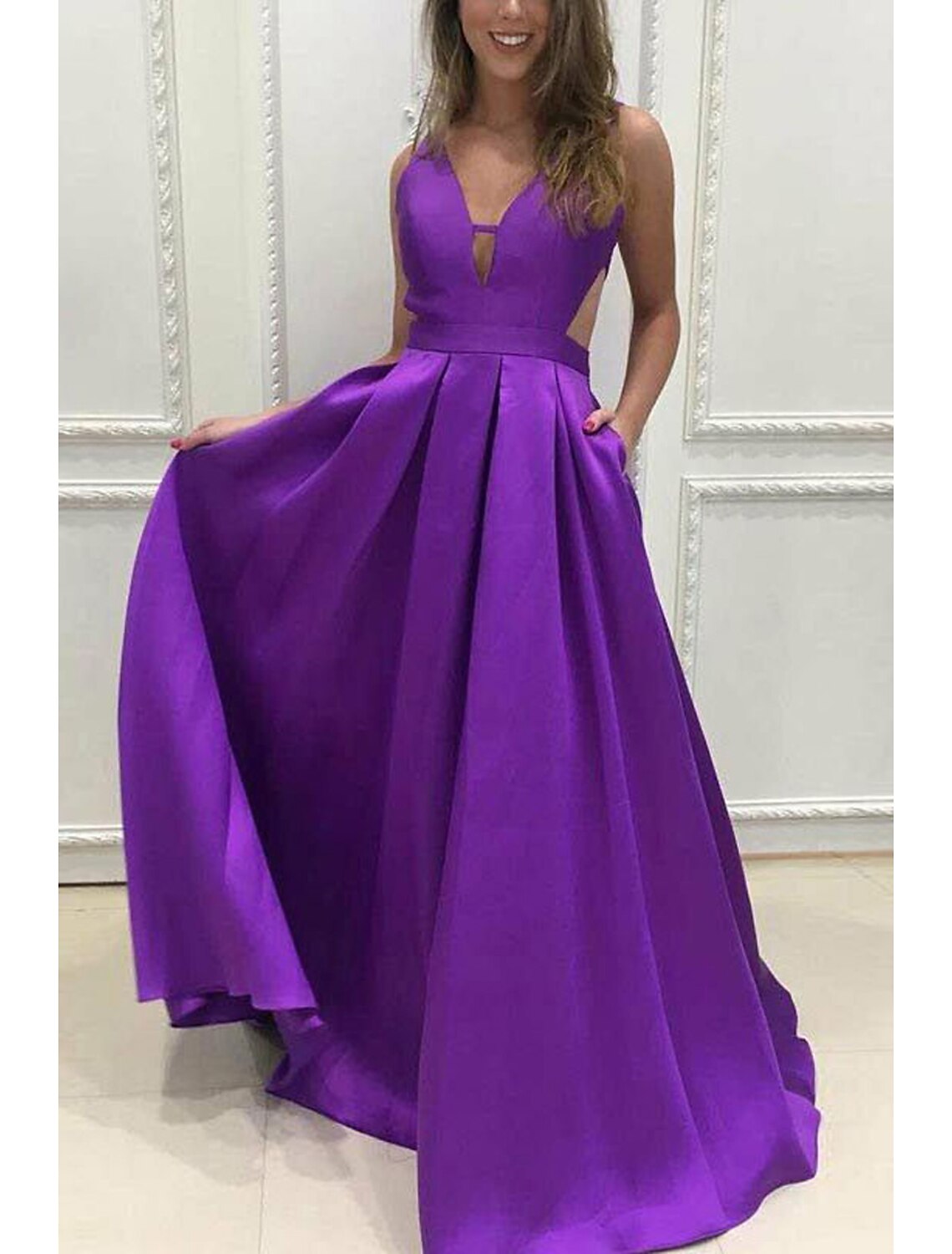 wholesale  A-Line Prom Dresses Minimalist Dress Formal Prom Floor Length Sleeveless V Neck Pocket Stretch Satin Backless V Back with Pleats Pocket