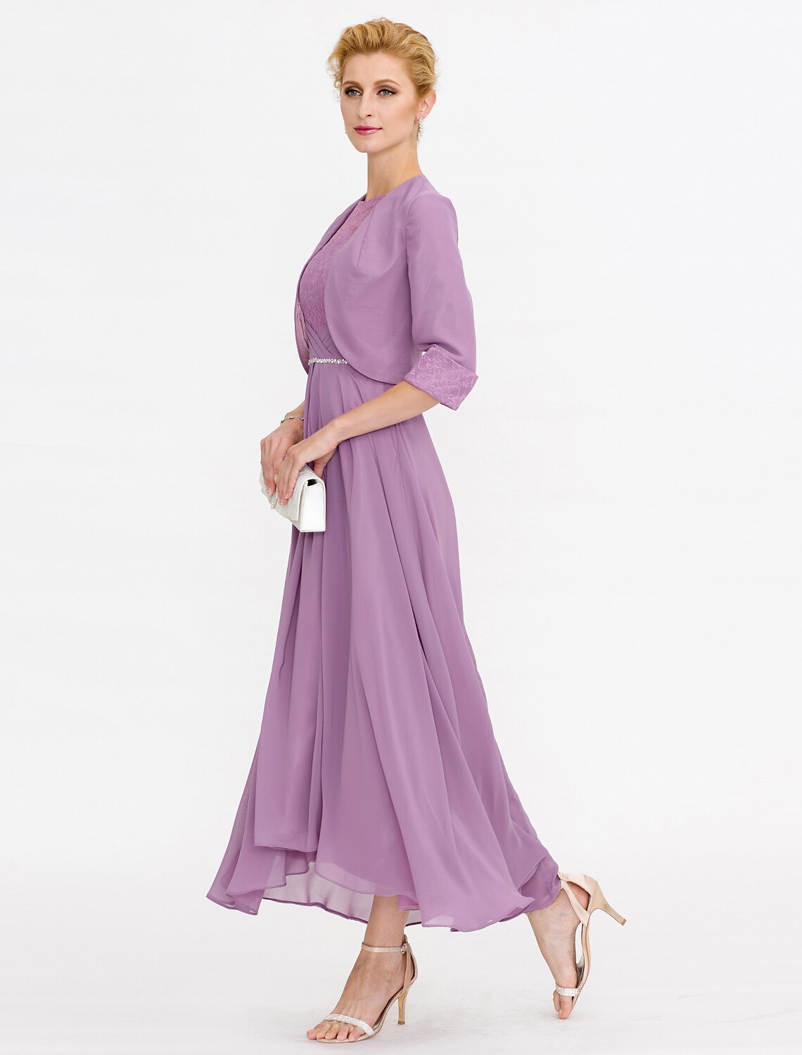 wholesale Two Piece Ball Gown A-Line Mother of the Bride Dress Formal Church Convertible Dress High Low See Through Illusion Neck Asymmetrical Chiffon Lace 3/4 Length Sleeve with Crystals