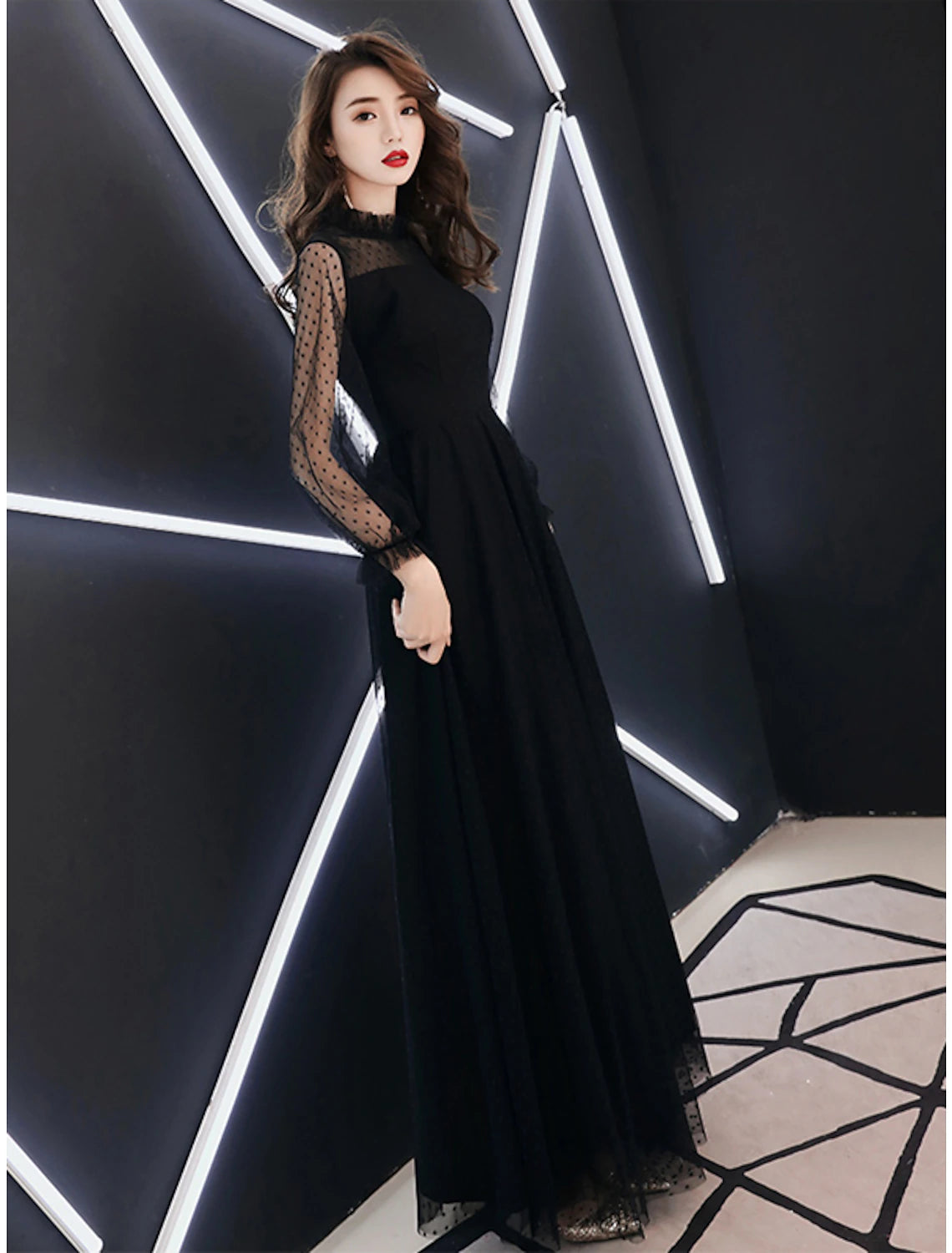 Wholesa A-Line Black Dress Elegant Party Wear Prom Dress High Neck Long Sleeve Floor Length Lace with Ruffles