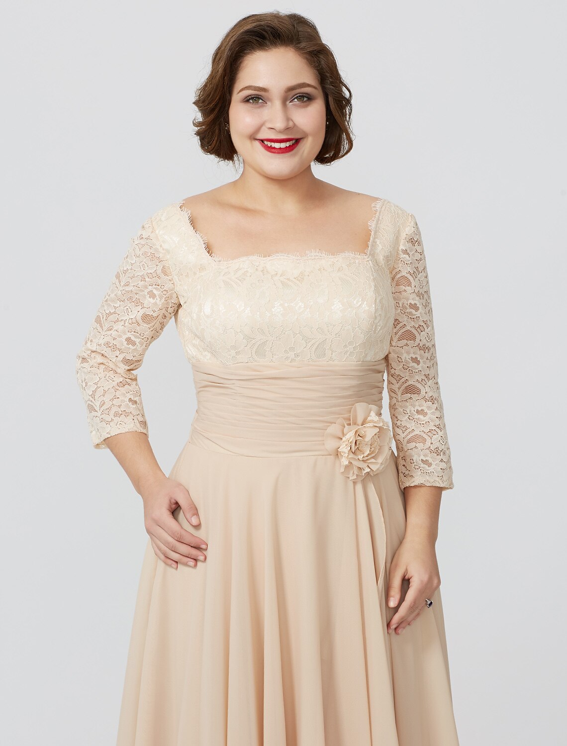 wholesale  Sheath / Column Mother of the Bride Dress Formal Classic & Timeless Elegant & Luxurious Plus Size Square Neck Floor Length Chiffon Metallic Lace 3/4 Length Sleeve No with Sash / Ribbon Flower