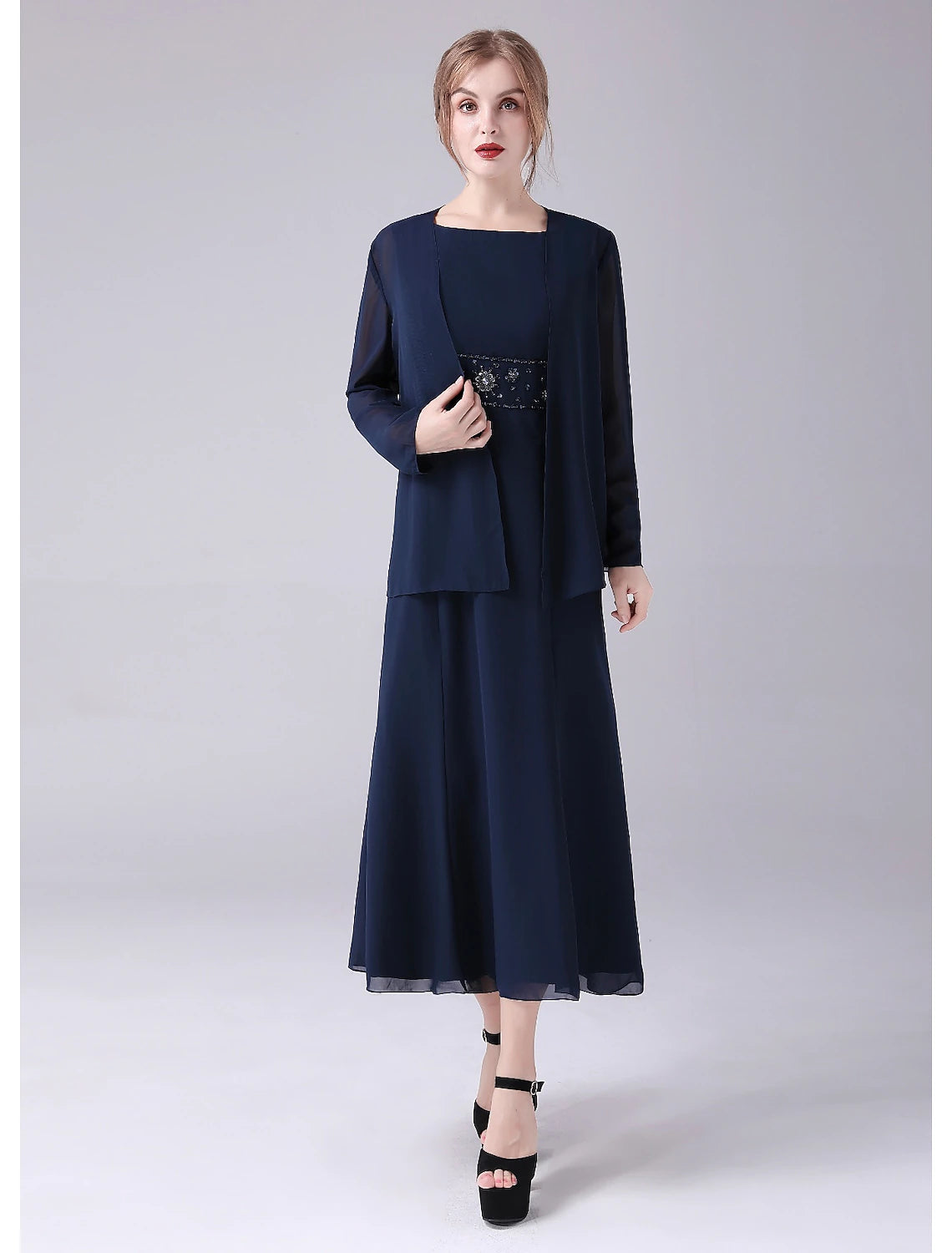 wholesale  A-Line Mother of the Bride Dress Elegant Sweet Jewel Neck Ankle Length Chiffon Sleeveless with Beading