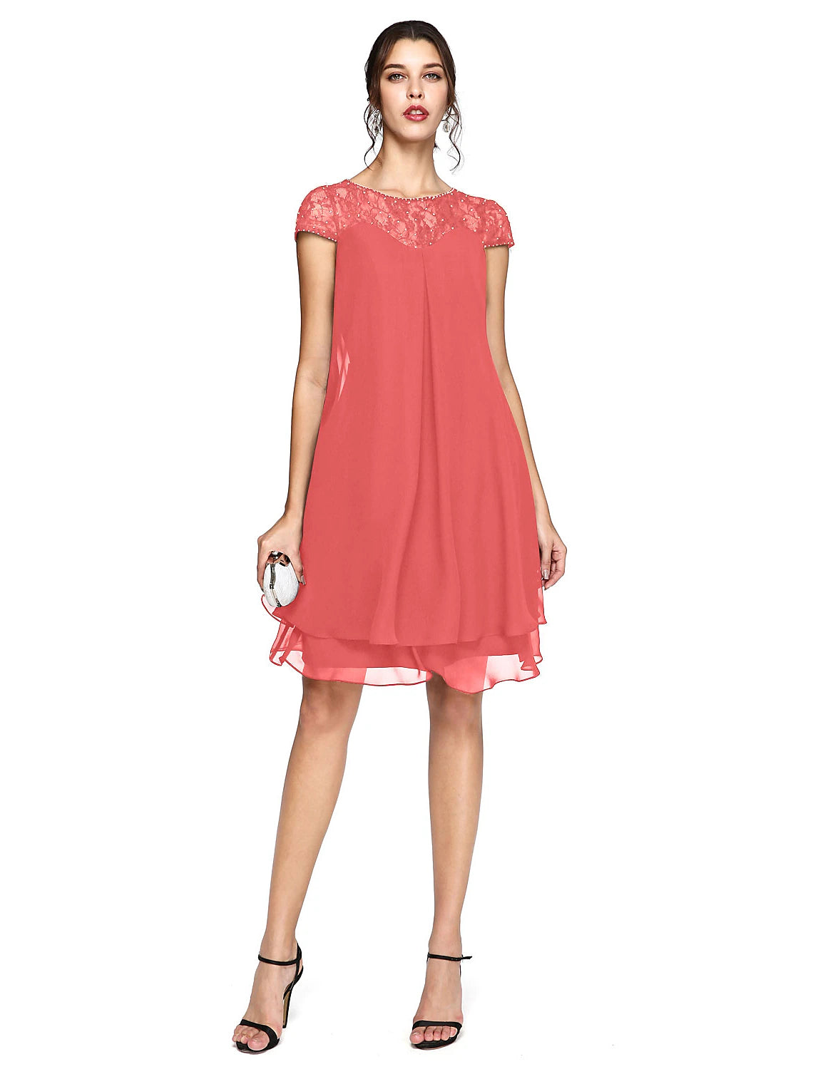 wholesale  A-Line Mother of the Bride Dress Plus Size Elegant Illusion Neck Knee Length Chiffon Lace Short Sleeve with Sequin