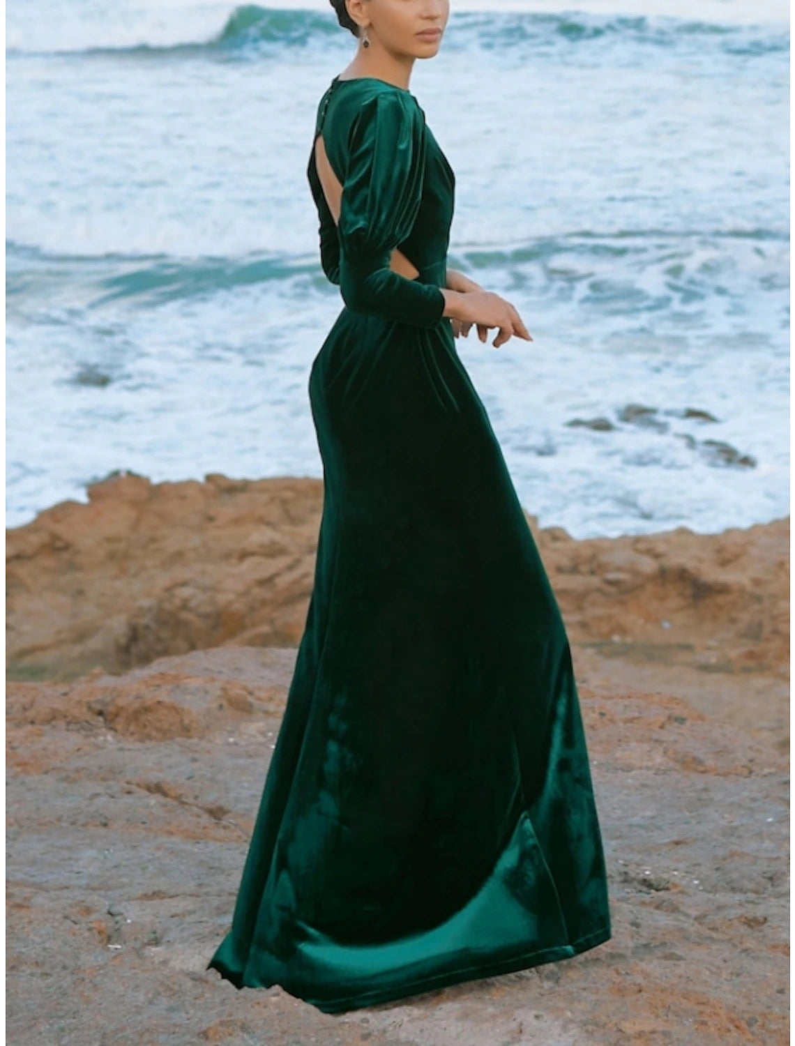 Wholesa A-Line Evening Gown Elegant Dress Formal Fall Floor Length Long Sleeve Jewel Neck Velvet with Ruched