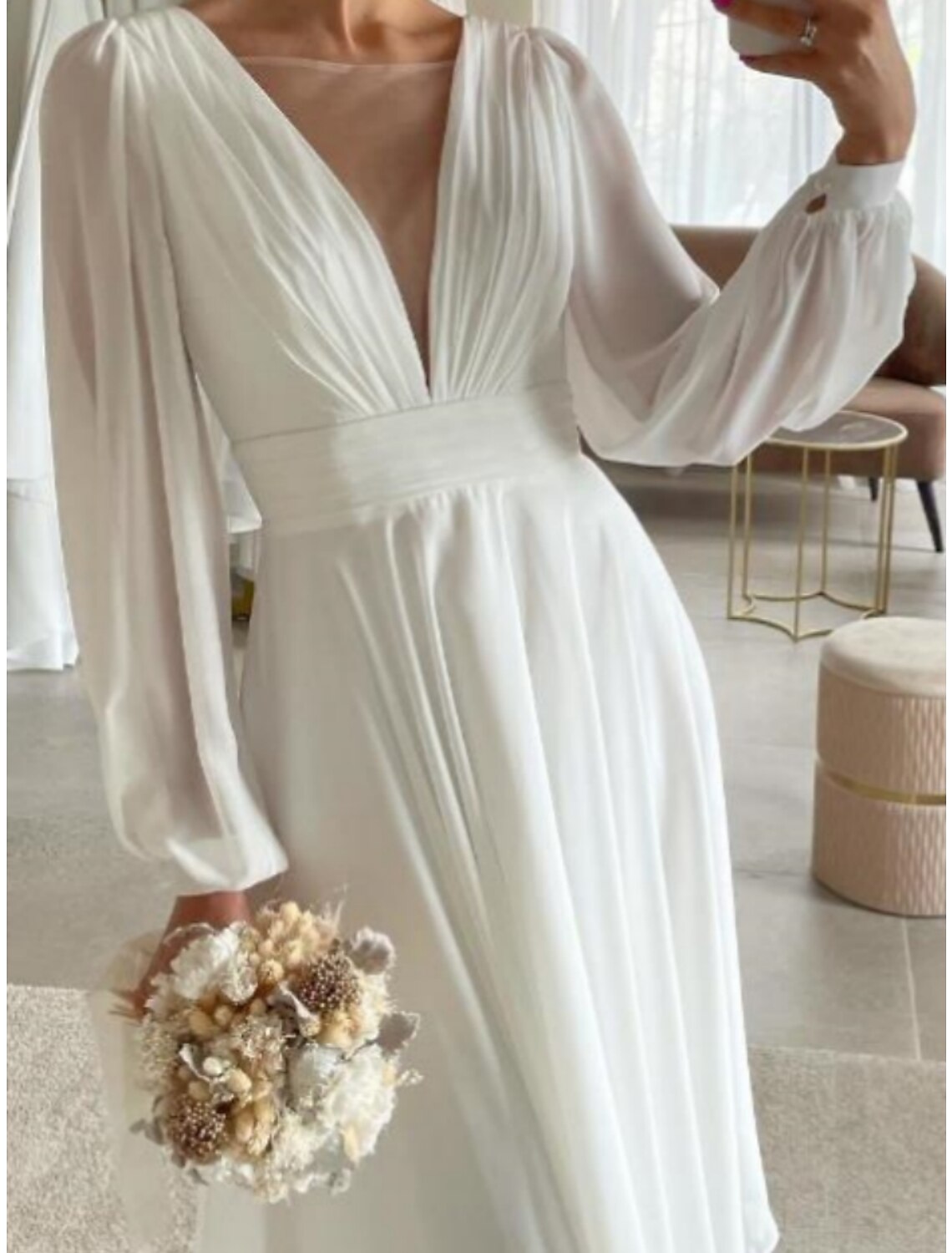 Wholesa Little White Dresses Wedding Dresses A-Line Illusion Neck Long Sleeve Knee Length Chiffon Bridal Gowns With Pleats Solid Color