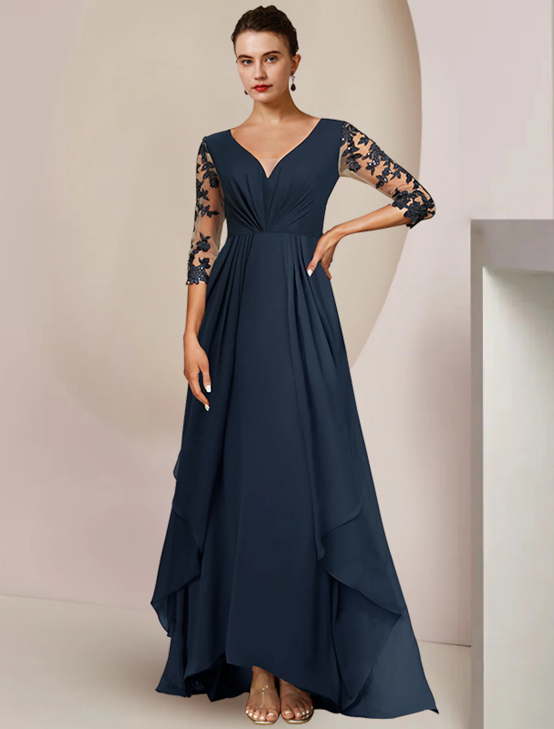 wholesale   A-Line Mother of the Bride Dress Wedding Guest Elegant High Low V Neck Ankle Length Chiffon Lace 3/4 Length Sleeve with Sequin Appliques
