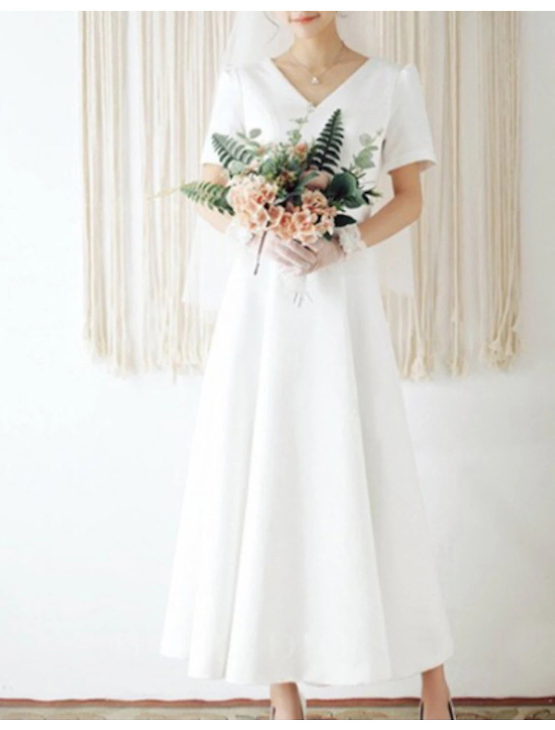 Wholesa Reception Little White Dresses Wedding Dresses A-Line V Neck Short Sleeve Ankle Length Satin Bridal Gowns With Pleats