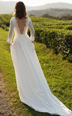 Wholesa A-Line Simple Casual Chiffon Bateau V-Back Long Sleeve Floor Length Train Wedding Dress