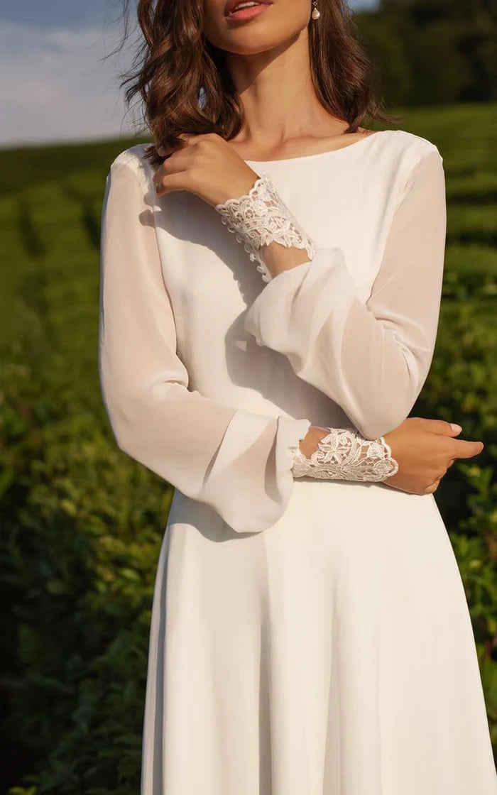 Wholesa A-Line Simple Casual Chiffon Bateau V-Back Long Sleeve Floor Length Train Wedding Dress