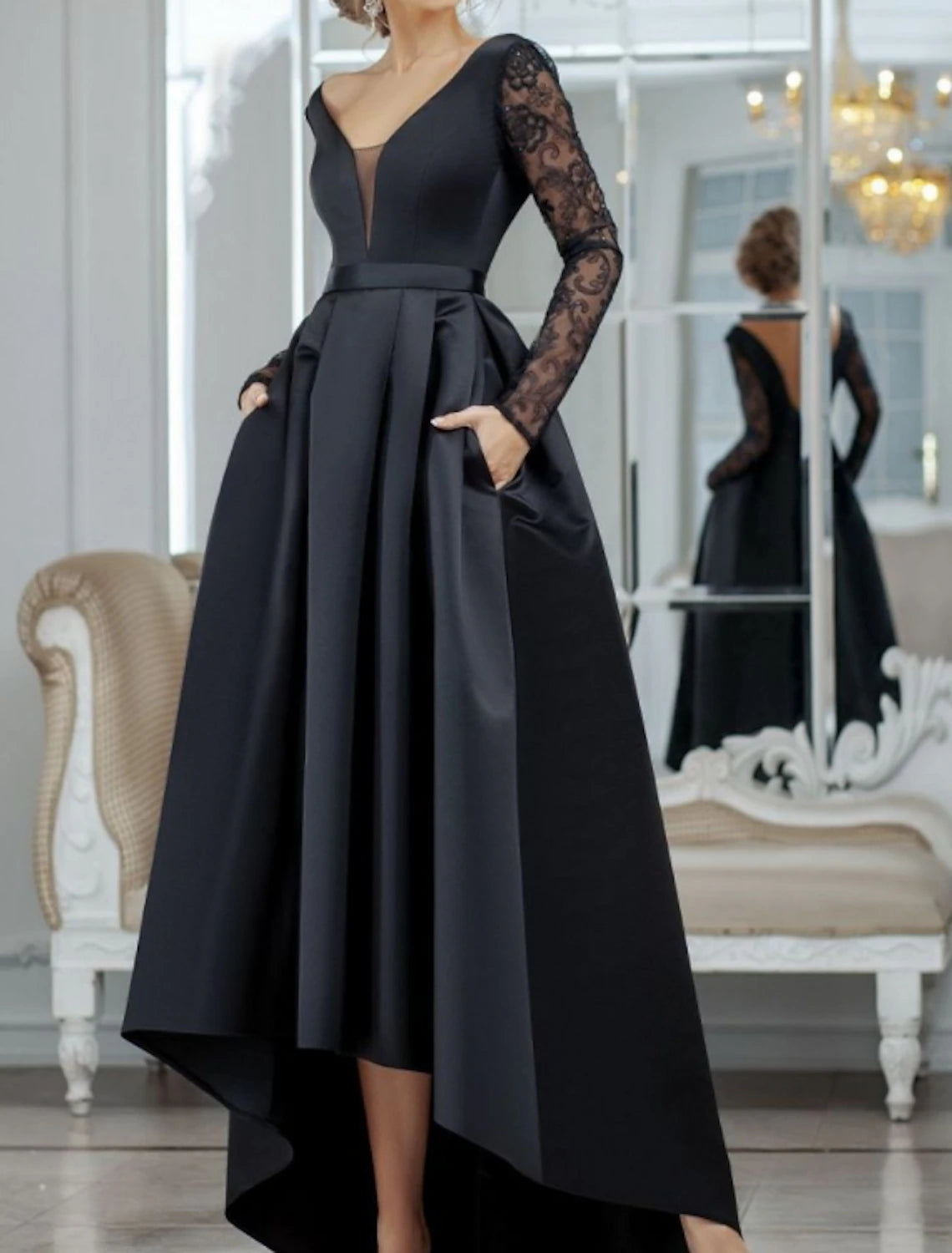 Wholesa A-Line Evening Gown Black Dress Vintage Halloween Wedding Guest Asymmetrical Long Sleeve V Neck Satin with Pleats Lace Insert