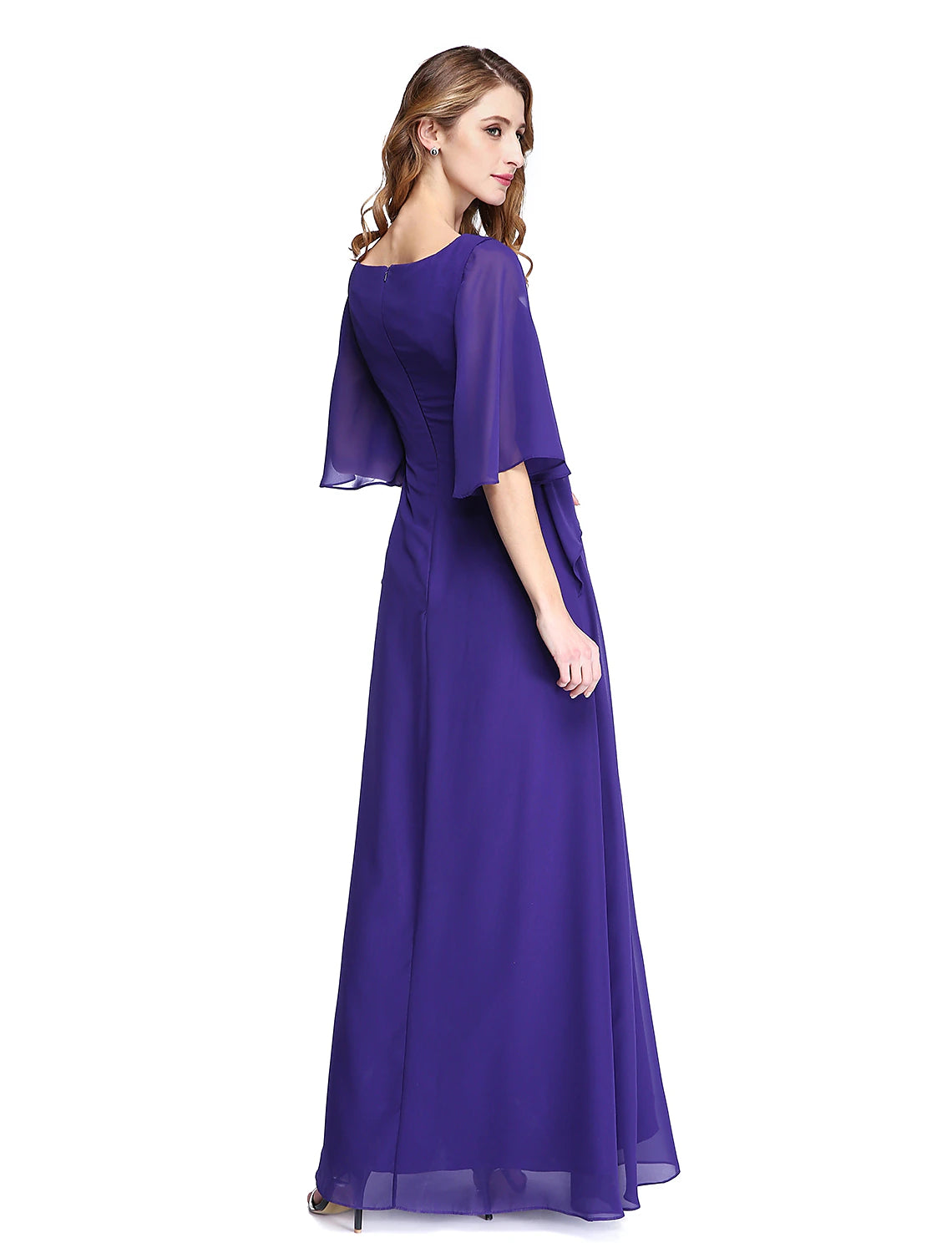 wholesale  Sheath / Column Mother of the Bride Dress Elegant Open Back Jewel Neck Floor Length Chiffon Half Sleeve with Pleats Beading Ruffle