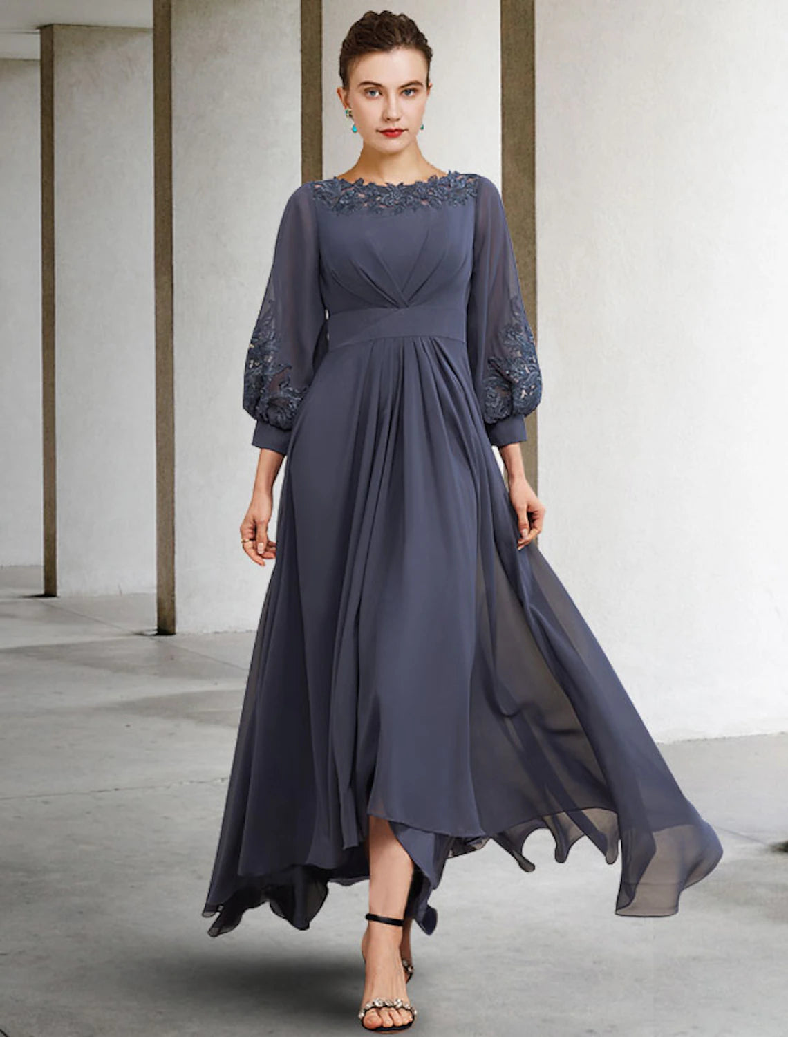 wholesale  A-Line Mother of the Bride Dress Plus Size Elegant High Low Jewel Neck Asymmetrical Floor Length Chiffon Lace Half Sleeve with Pleats Appliques Side-Draped