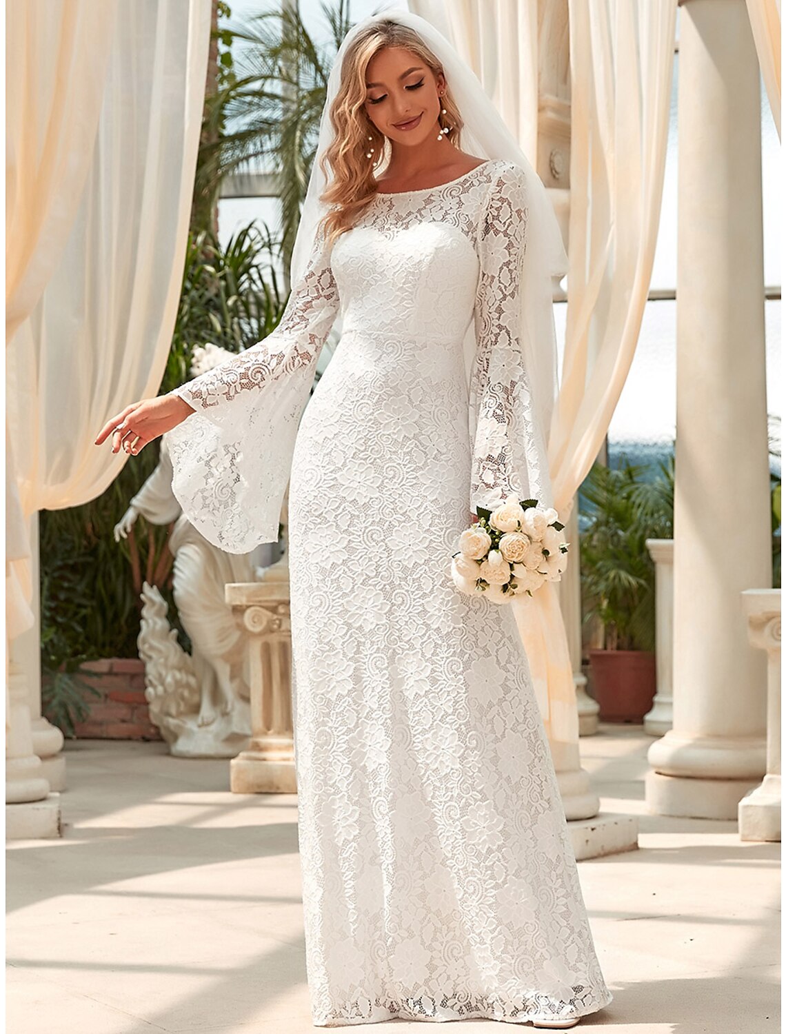wholesale  Hall Wedding Dresses Mermaid / Trumpet Jewel Neck Long Sleeve Floor Length Lace Bridal Gowns With Lace
