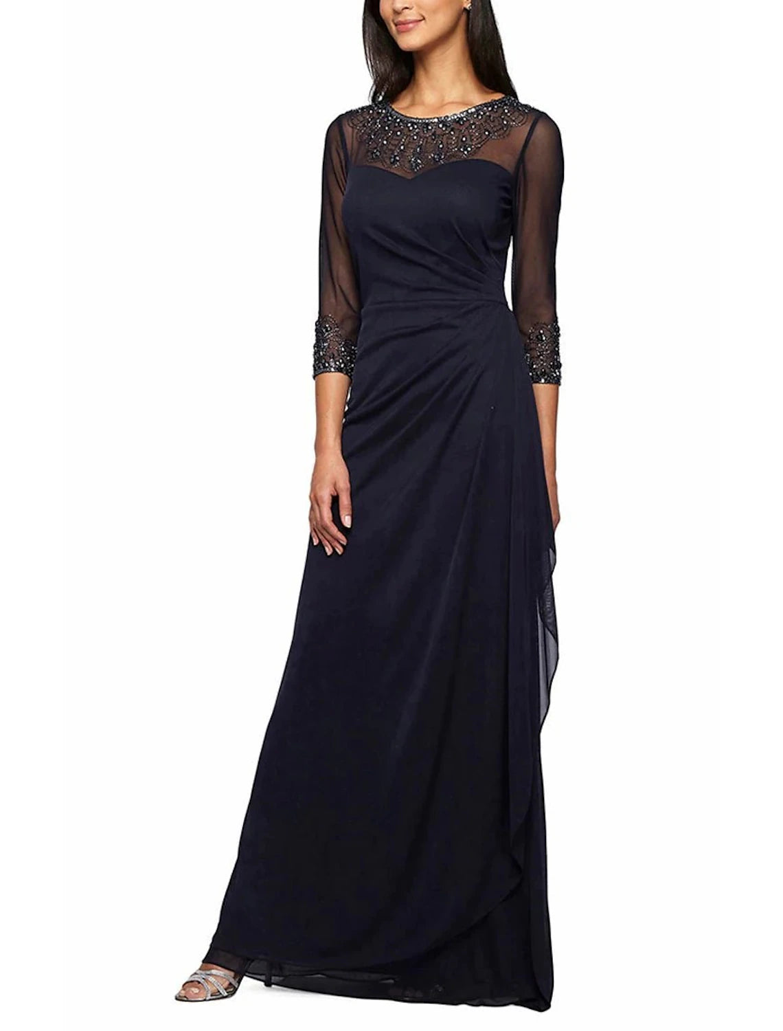 Wholesa A-Line Mother of the Bride Dress Formal Wedding Guest Elegant Jewel Neck Floor Length Chiffon 3/4 Length Sleeve with Beading Ruching