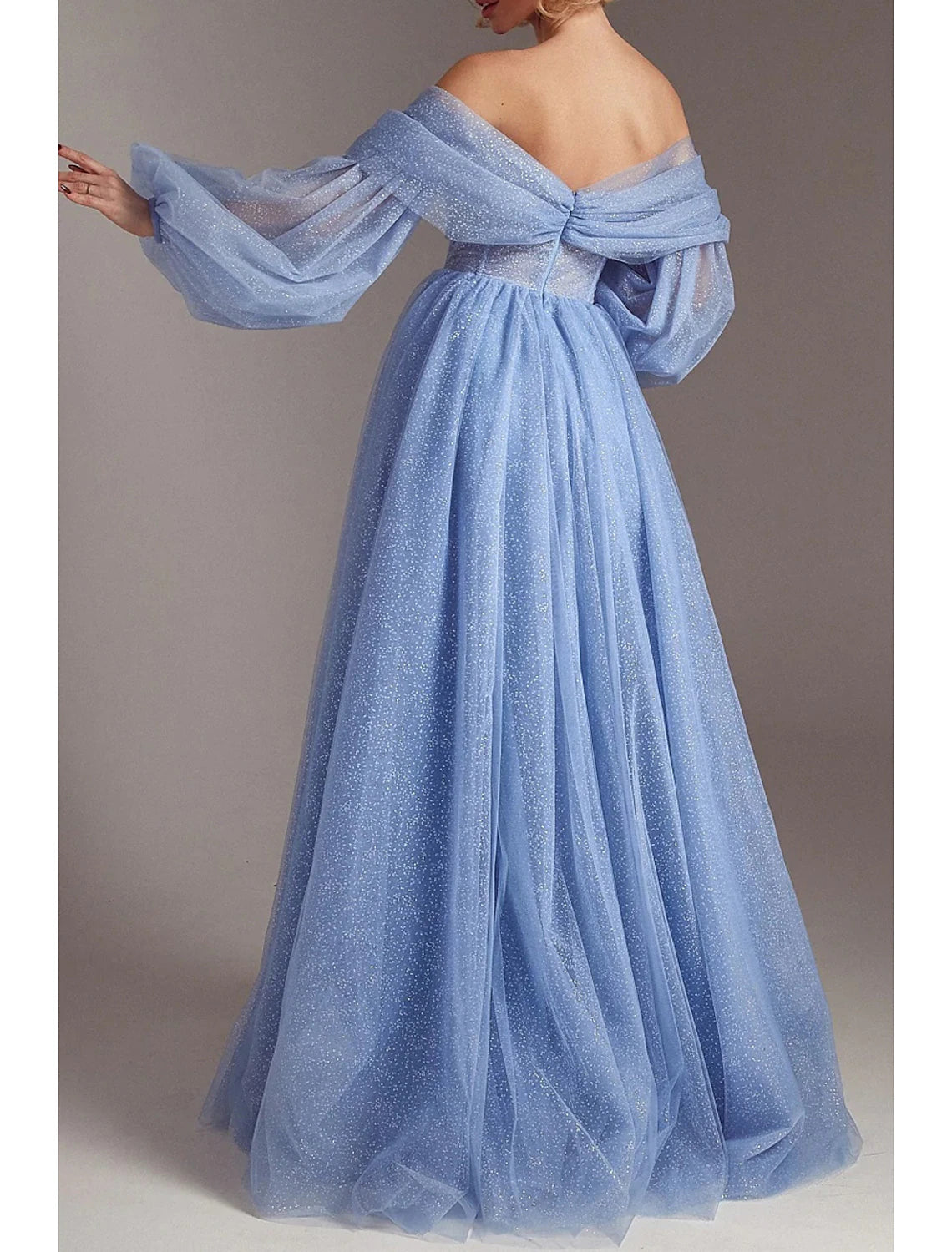 wholesa A-Line Prom Dresses Corsets Dress Formal Wedding Party Floor Length Long Sleeve Off Shoulder Tulle with Glitter Ruched Slit