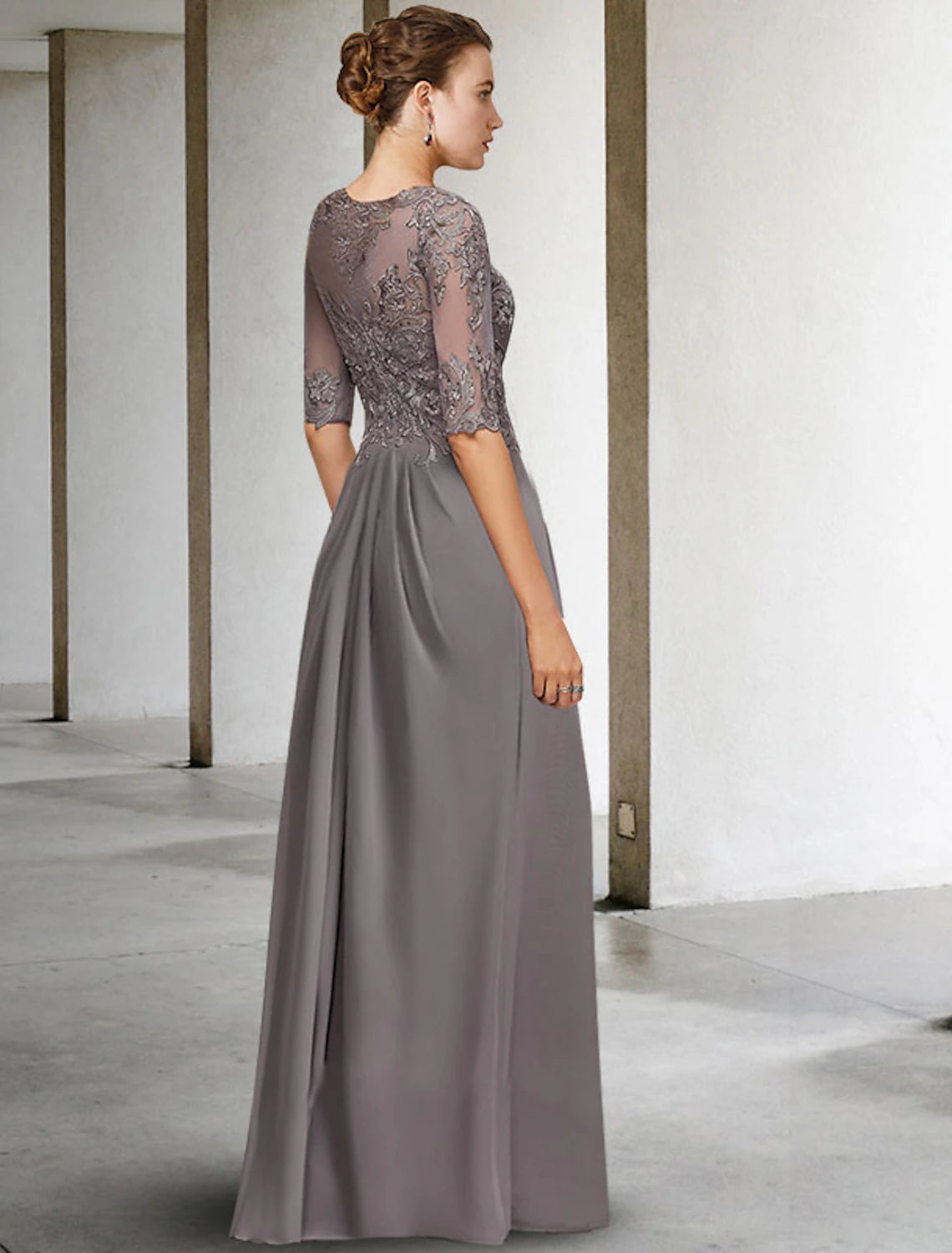 wholesale  A-Line Mother of the Bride Dress Plus Size Elegant Jewel Neck Floor Length Chiffon Lace Half Sleeve with Pleats Beading Appliques