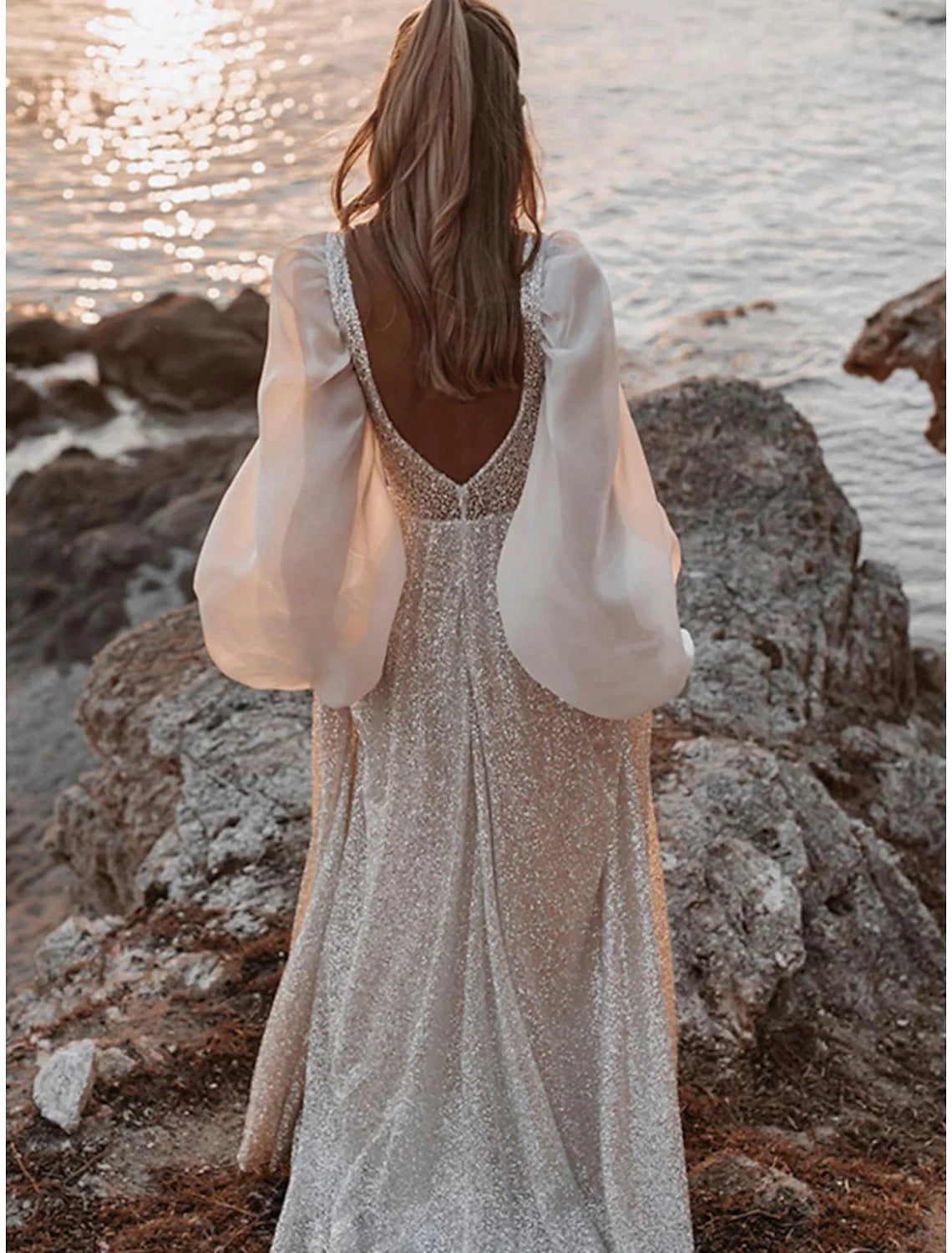 wholesale  Beach Open Back Boho Wedding Dresses A-Line V Neck Long Sleeve Sweep / Brush Train Sequined Bridal Gowns With Pleats