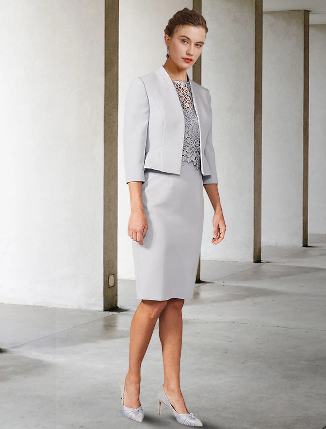 wholesale  Two Piece Sheath / Column Mother of the Bride Dress Church Elegant Jewel Neck Knee Length Chiffon Lace Short Sleeve Short Jacket Dresses with Appliques