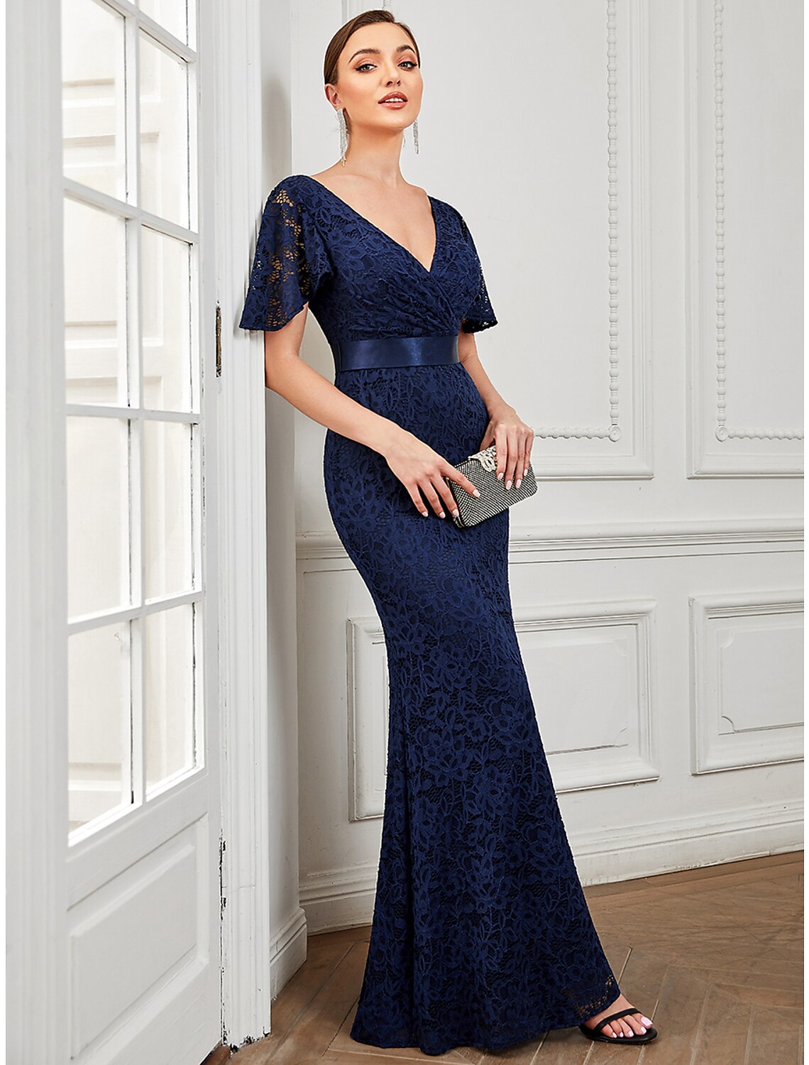 Wholesa Mermaid / Trumpet Evening Gown Vintage Dress Wedding Guest Wedding Party Floor Length Short Sleeve V Neck Lace V Back with Sash / Ribbon