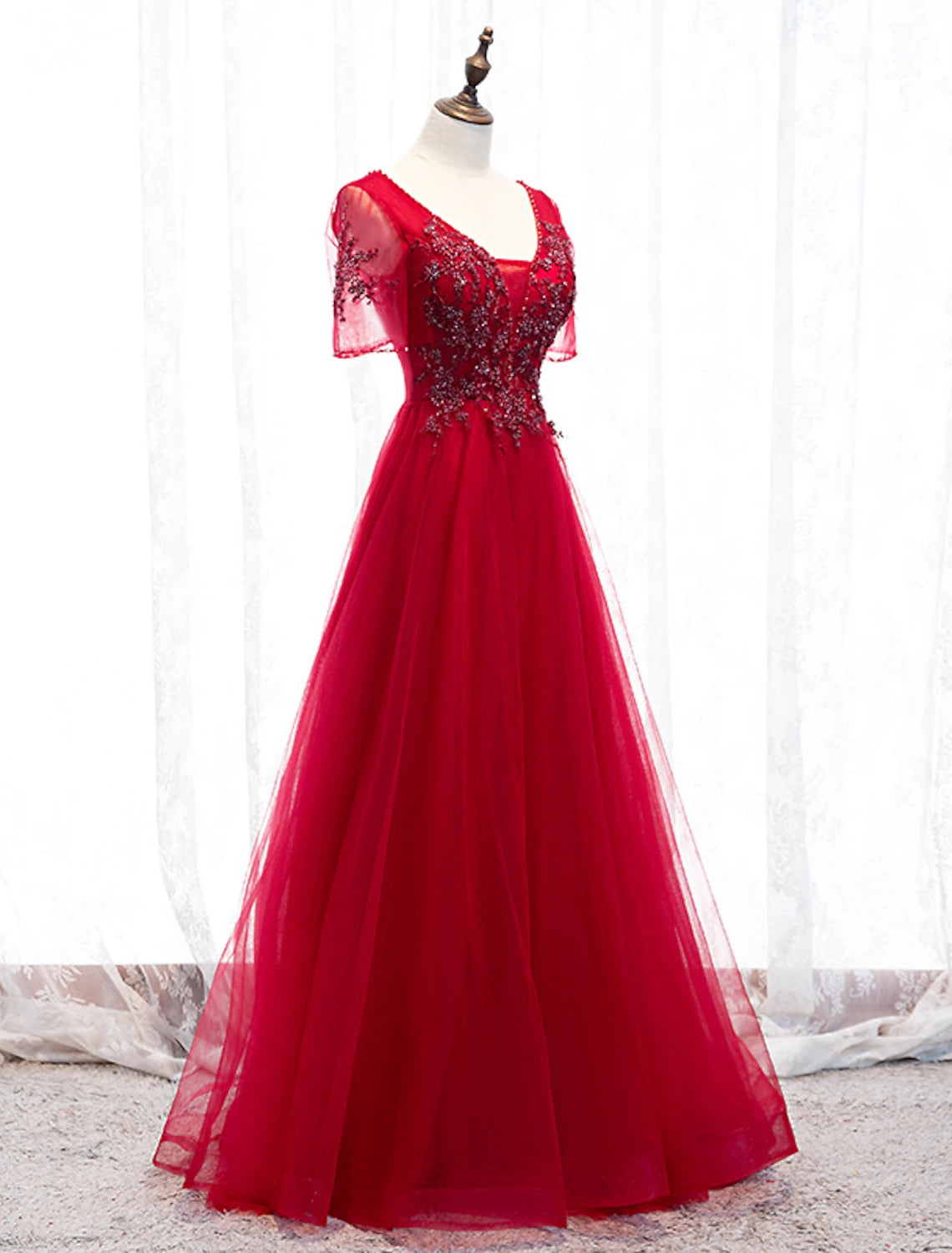 wholesale  A-Line Prom Dresses Luxurious Dress Wedding Guest Formal Evening Floor Length Short Sleeve Spaghetti Strap Tulle with Beading Appliques
