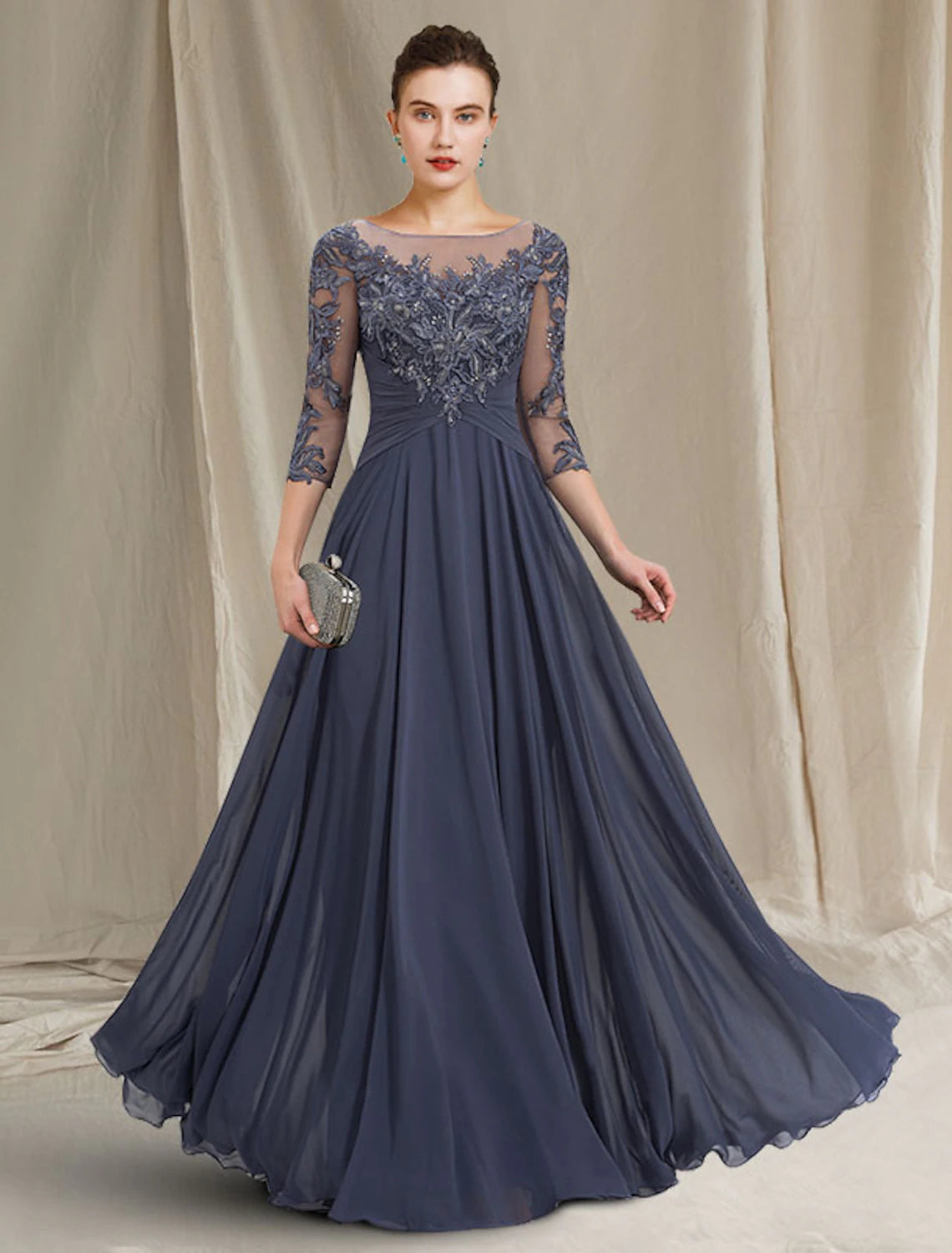 wholesale  A-Line Mother of the Bride Dress Elegant Jewel Neck Floor Length Chiffon Lace 3/4 Length Sleeve with Pleats Appliques