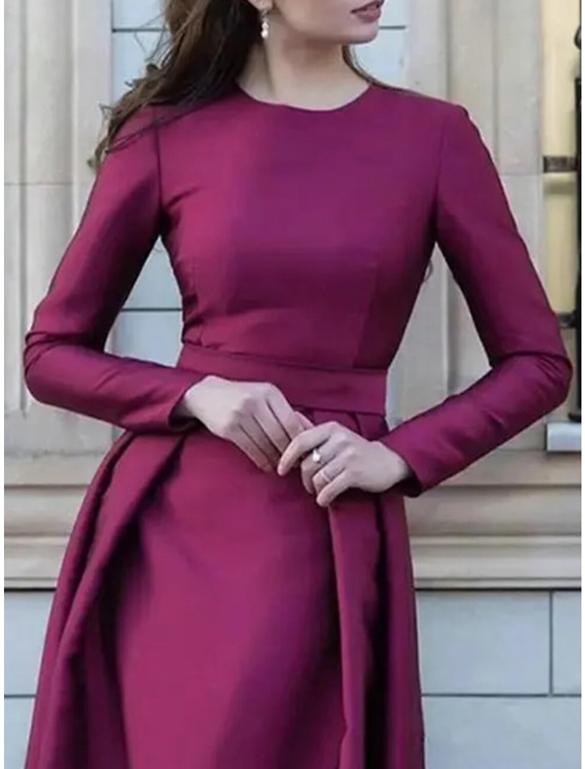 Wholesa A-Line Mother of the Bride Dress Wedding Guest Elegant Jewel Neck Sweep / Brush Train Satin Long Sleeve with Ruching Solid Color