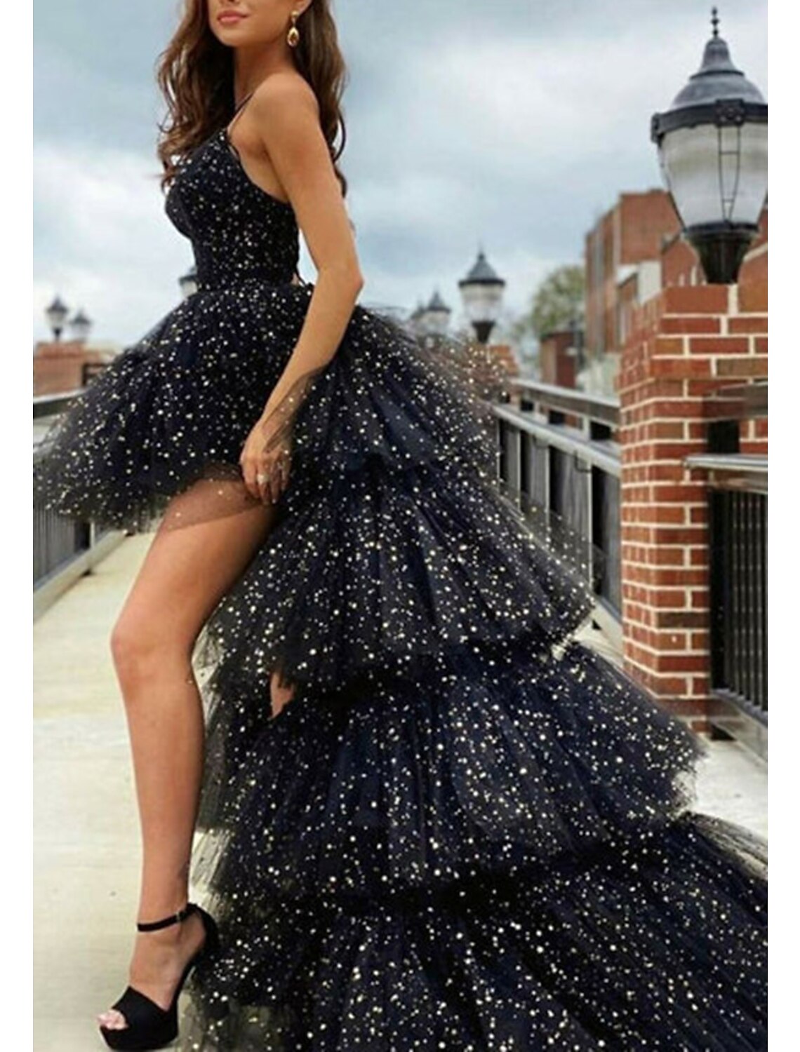 Wholesa A-Line Prom Dresses Black Dress Dress Birthday Asymmetrical Sleeveless Spaghetti Strap Tulle with Ruched Sequin