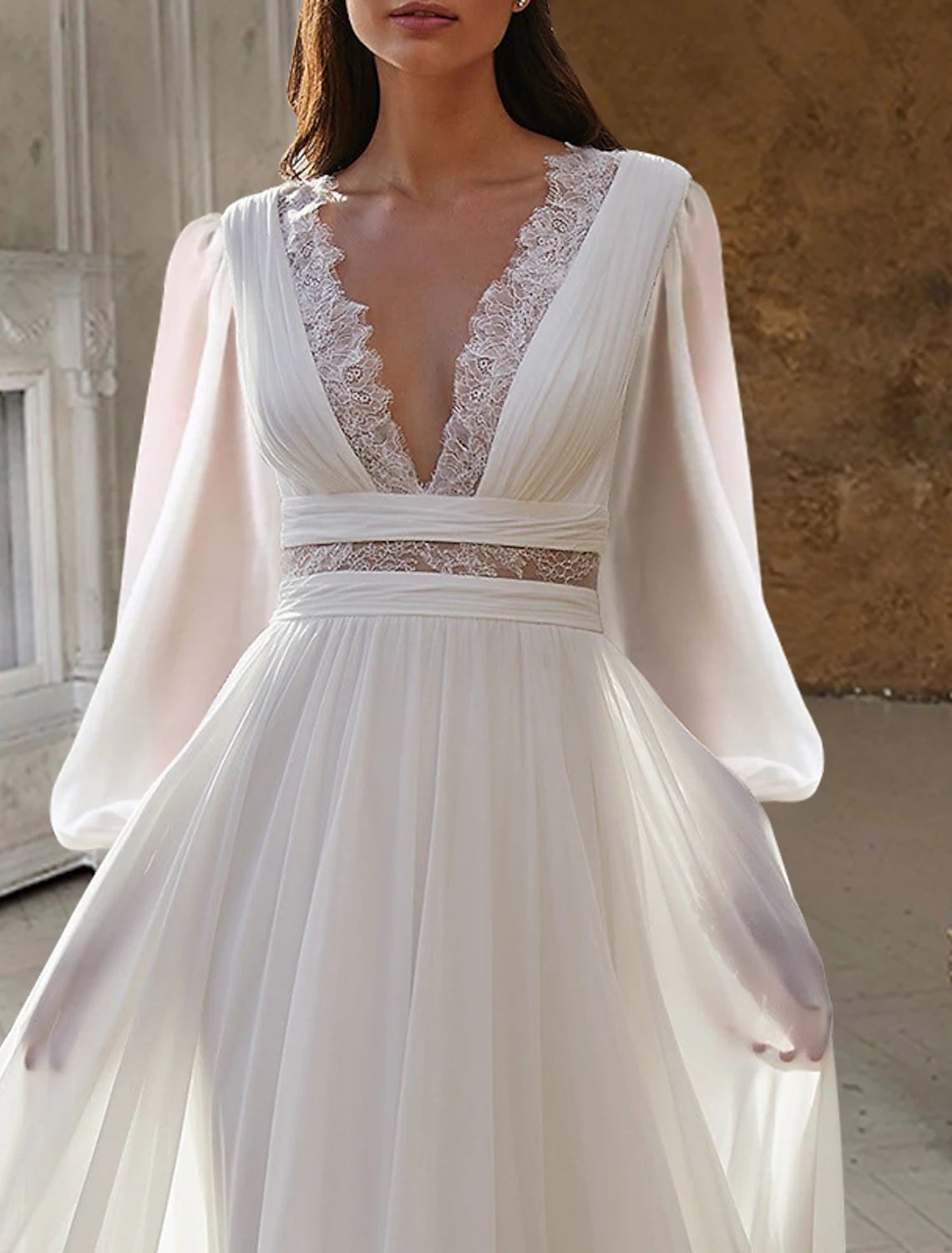 Wholesa Beach Open Back Boho Wedding Dresses A-Line V Neck Long Sleeve Floor Length Chiffon Bridal Gowns With Appliques Solid Color