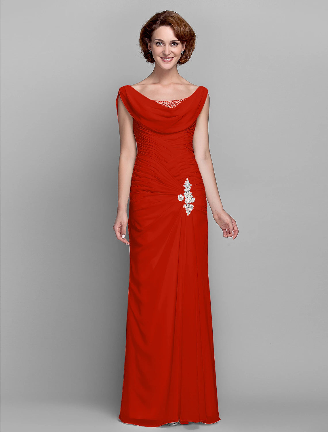 wholesale  Sheath / Column Mother of the Bride Dress Fall Wedding Guest Dresses Vintage Inspired Cowl Neck Floor Length Chiffon Sleeveless with Buttons Criss Cross Crystals