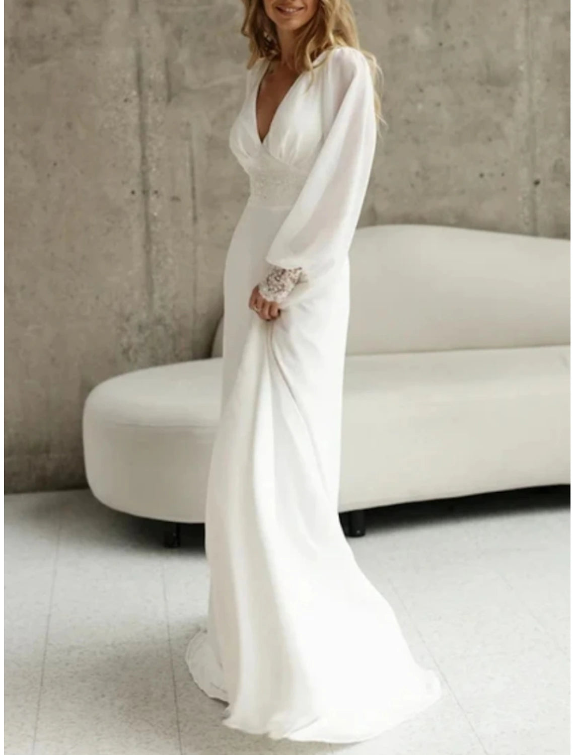 Wholesa Beach Simple Wedding Dresses Formal Wedding Dresses A-Line Illusion Neck Long Sleeve Floor Length Tulle Bridal Gowns With Ruched Beading