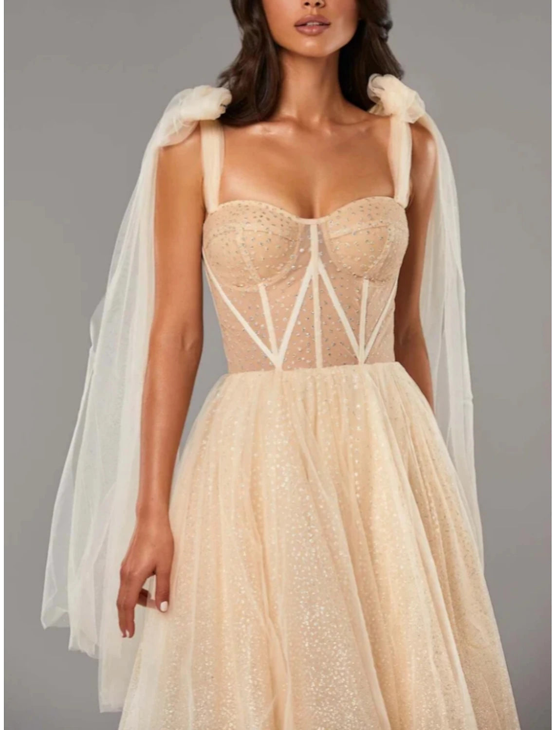 Wholesa  A-Line Prom Dresses Elegant Dress Formal Tea Length Sleeveless Sweetheart Tulle with Pleats Sequin