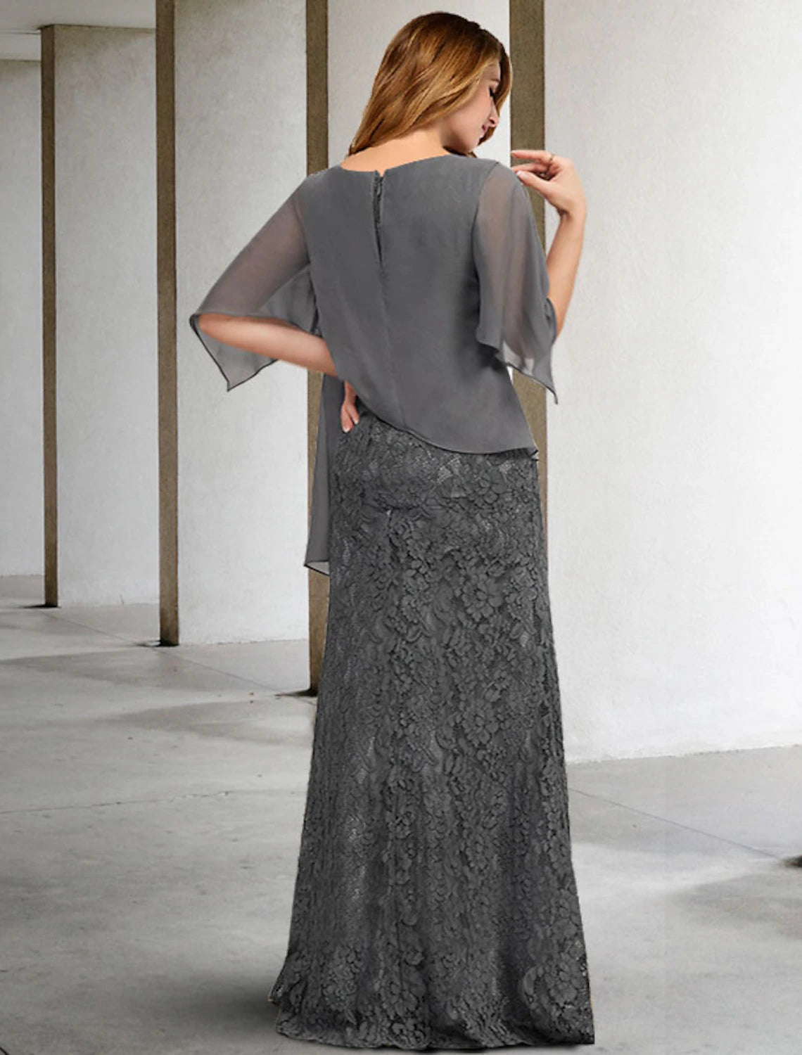 wholesale   Sheath / Column Mother of the Bride Dresses Plus Size Hide Belly Curve Elegant Dress Formal Floor Length Half Sleeve Jewel Neck Chiffon with Splicing