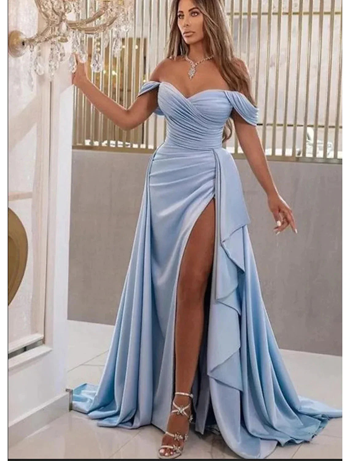 Wholesa A-Line Prom Dresses High Split Dress Prom Sweep / Brush Train Sleeveless Sweetheart Charmeuse with Slit