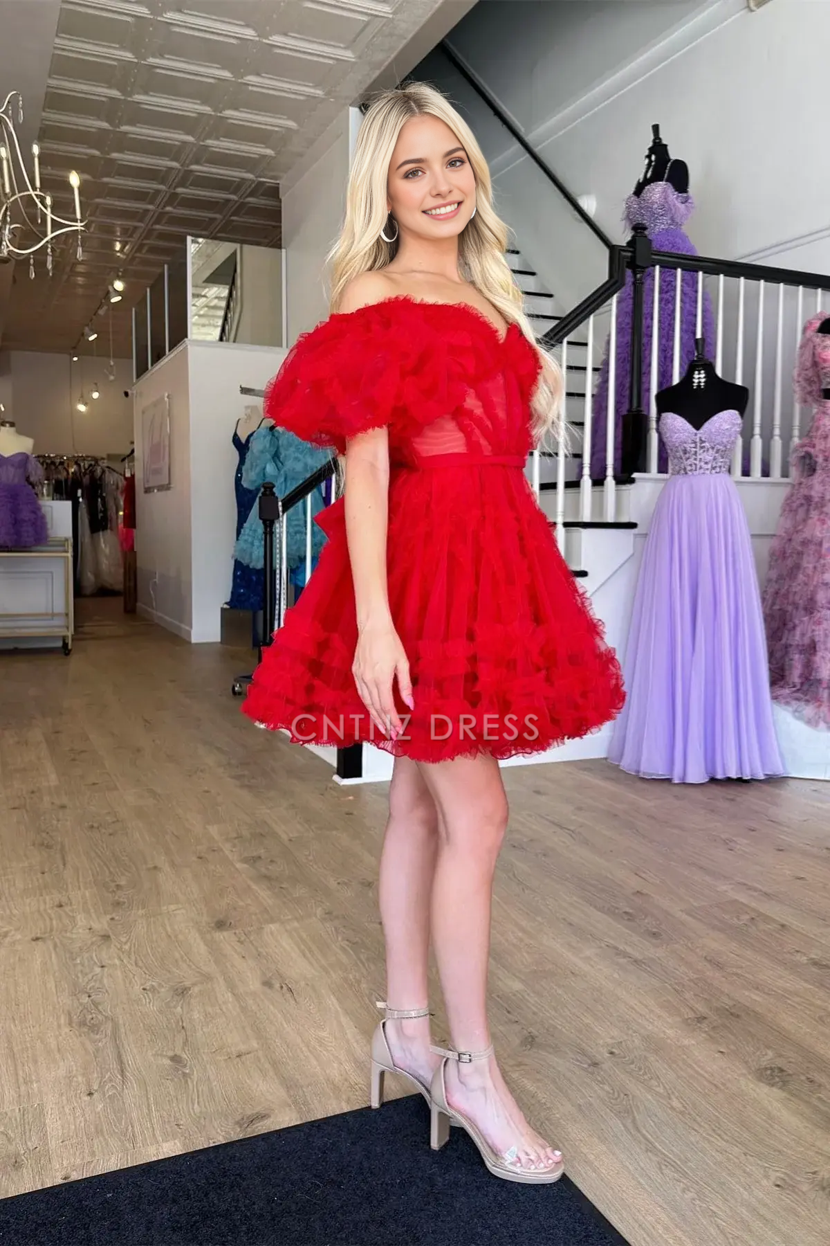 CNTNZ DRESS Hot Sale Homecoming Dress Elegant Red A Line Off-the-Shoulder Puff Sleeves Tulle Ruffle-Layers Fashion Short Dress