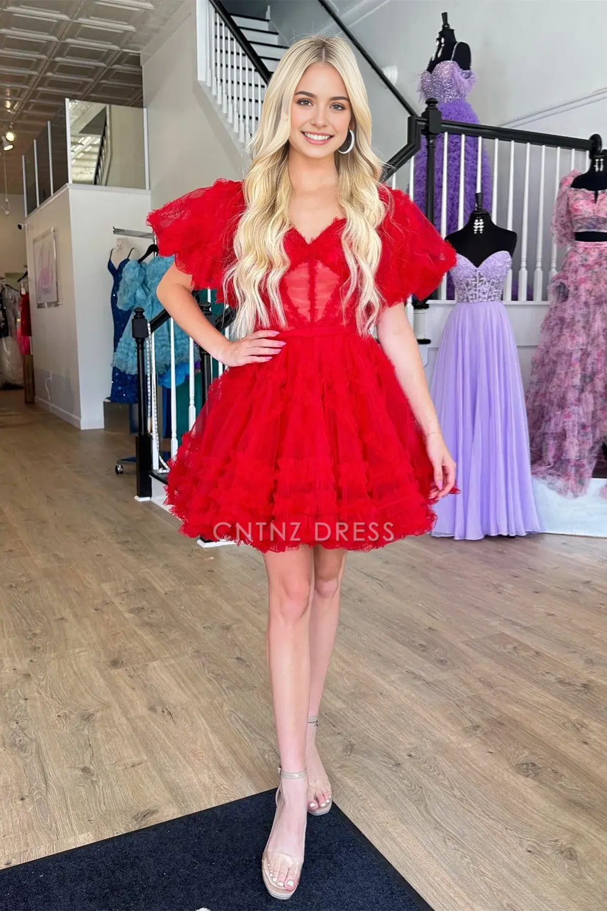 CNTNZ DRESS Hot Sale Homecoming Dress Elegant Red A Line Off-the-Shoulder Puff Sleeves Tulle Ruffle-Layers Fashion Short Dress