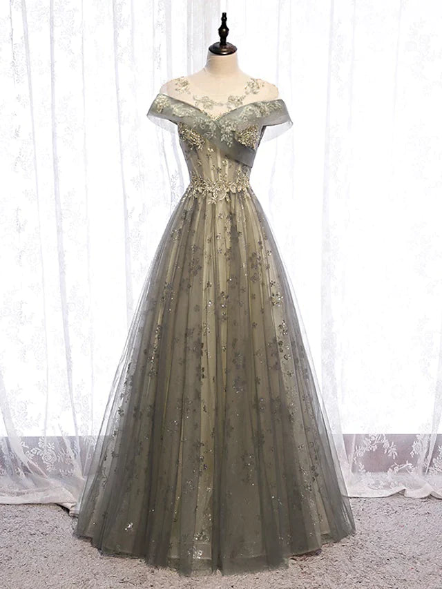 Wholesa A-Line Evening Gown Elegant Dress Wedding Guest Floor Length Short Sleeve Illusion Neck Tulle with Pleats