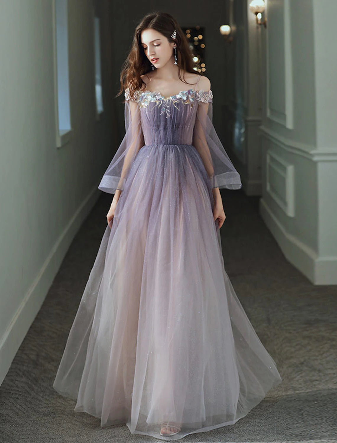 wholesa A-Line Minimalist Elegant Party Wear Prom Dress Off Shoulder Long Sleeve Floor Length Tulle with Appliques
