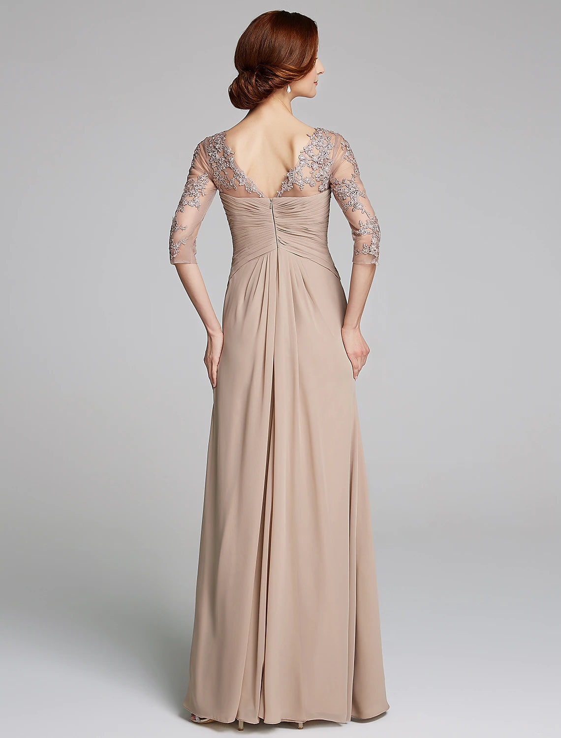 wholesale   A-Line Mother of the Bride Dress Sparkle & Shine Boat Neck Floor Length Chiffon Lace 3/4 Length Sleeve with Crystals Appliques