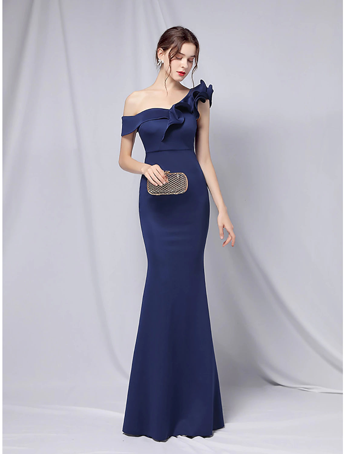 Wholesa Mermaid / Trumpet Evening Gown Empire Dress Wedding Guest Formal Evening Floor Length Short Sleeve One Shoulder Stretch Satin with Ruffles