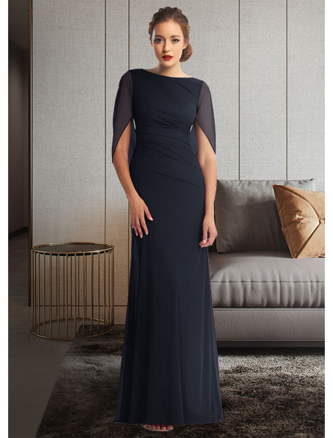 wholesale  Sheath / Column Mother of the Bride Dress Elegant Jewel Neck Ankle Length Chiffon Half Sleeve with Pleats Ruching