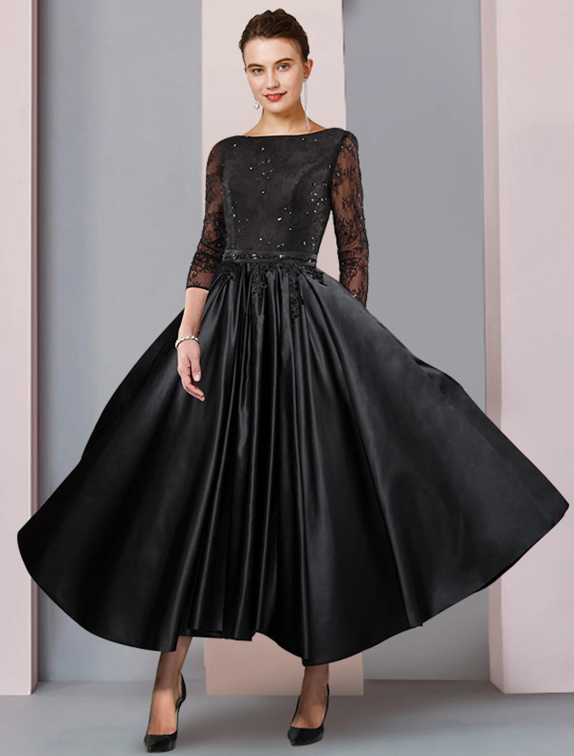 wholesale  A-Line Mother of the Bride Dress Formal Wedding Guest Party Elegant Scoop Neck Tea Length Satin Lace 3/4 Length Sleeve with Sash / Ribbon Pleats