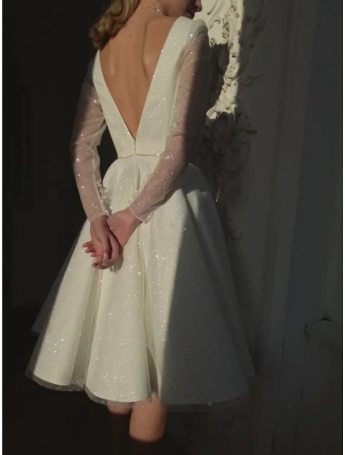 Wholesa  Little White Dresses Wedding Dresses A-Line V Neck Long Sleeve Knee Length Sequined Bridal Gowns With Pleats Solid Color