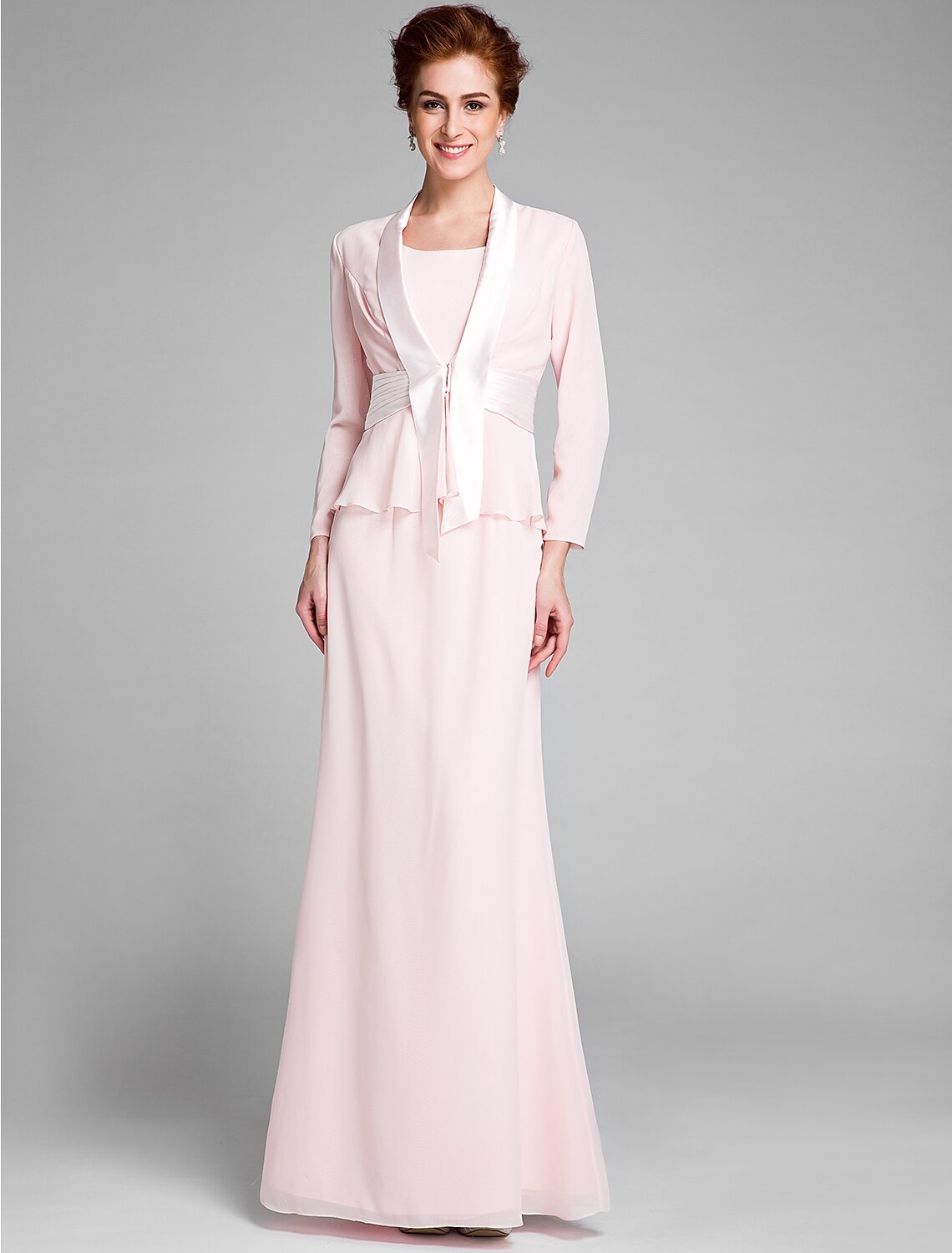 wholesale  Mermaid / Trumpet Mother of the Bride Dress Convertible Dress Scoop Neck Floor Length Chiffon Long Sleeve Wrap Included with Sash / Ribbon